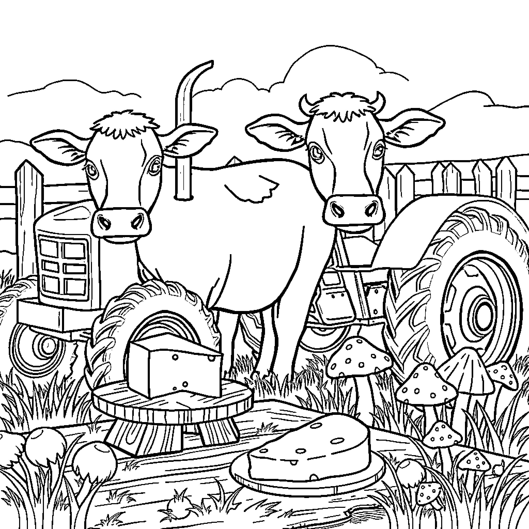 Farm Animals Enjoying a Peaceful Day Coloring Page (free black-and-white line drawing printable PDF for all, from beginners to advanced learners, including children, teens, adults, and seniors)