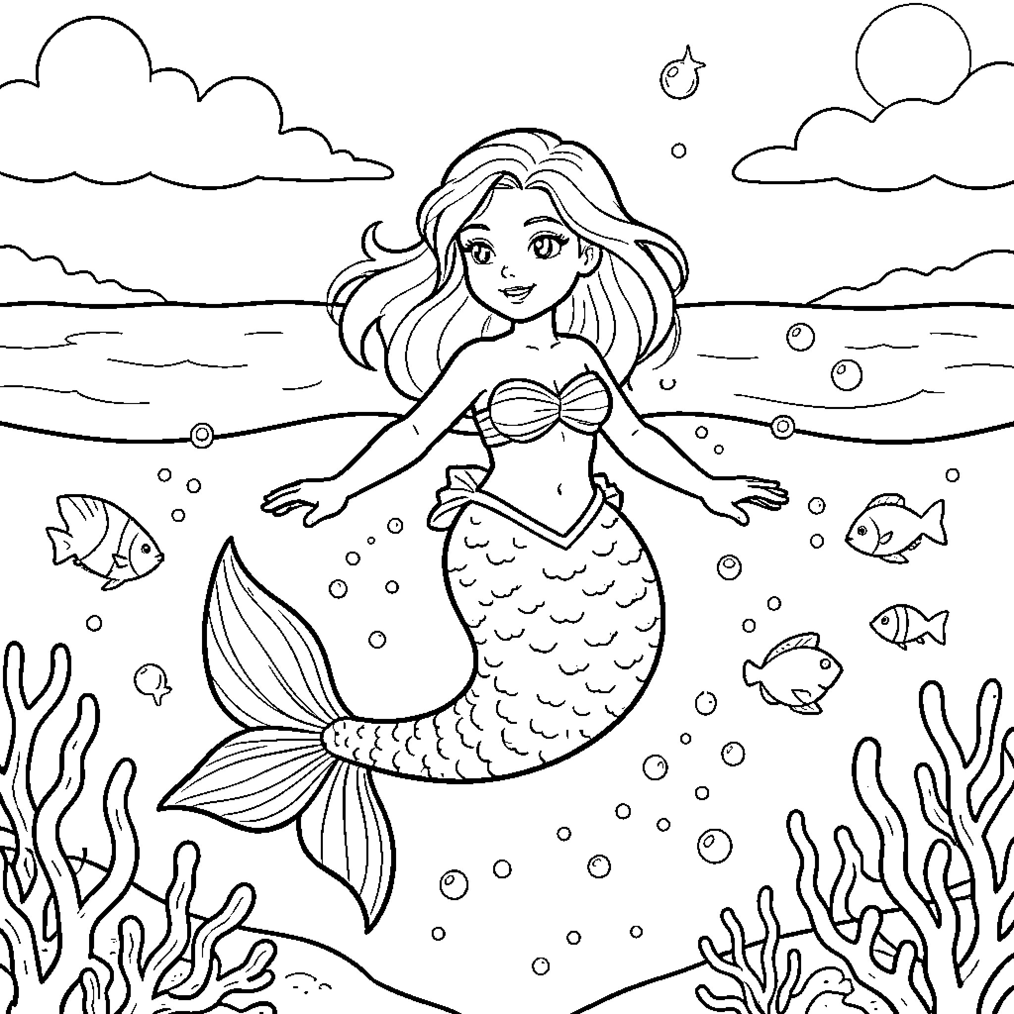 Mermaid enjoying the underwater scenery Coloring Page (free black-and-white line drawing printable PDF for all, from beginners to advanced learners, including children, teens, adults, and seniors)