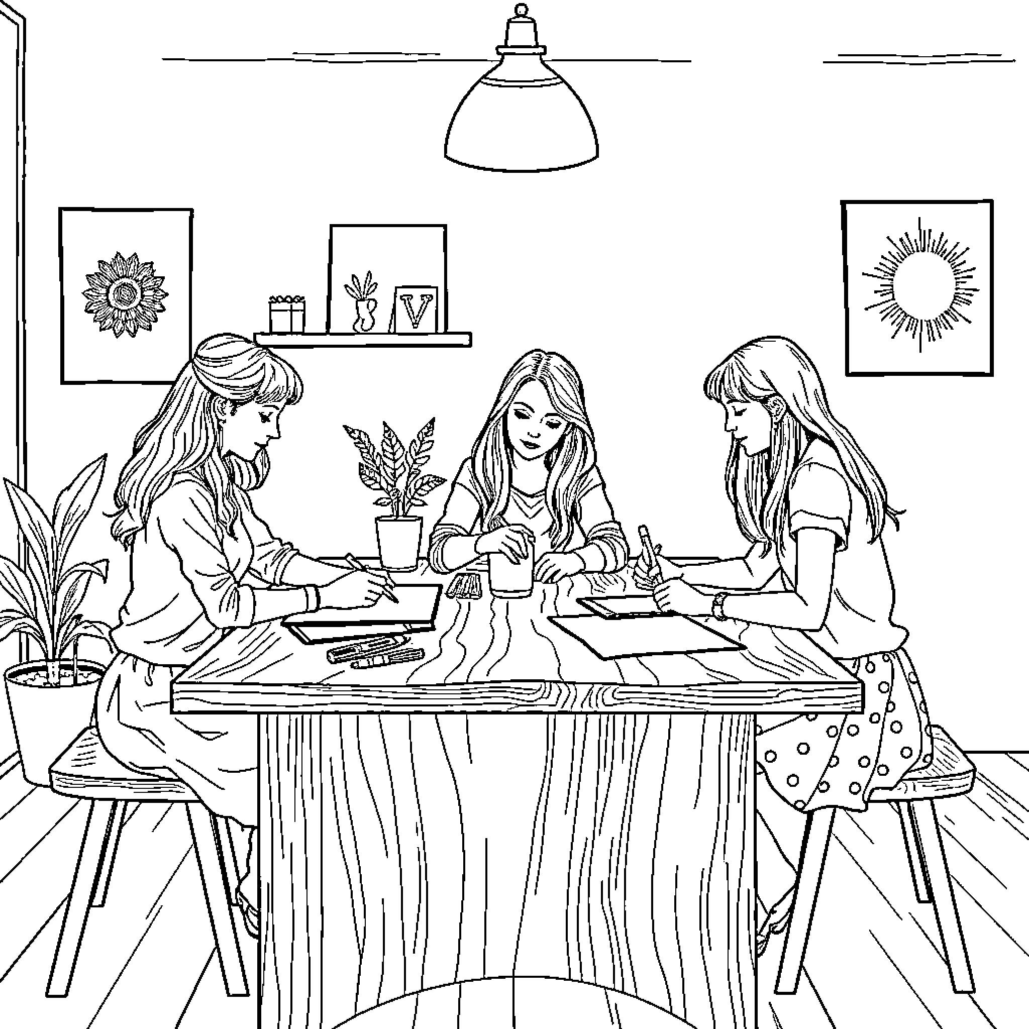 Girls engaged in creative activities at home Coloring Page (free black-and-white line drawing printable PDF for all, from beginners to advanced learners, including children, teens, adults, and seniors)