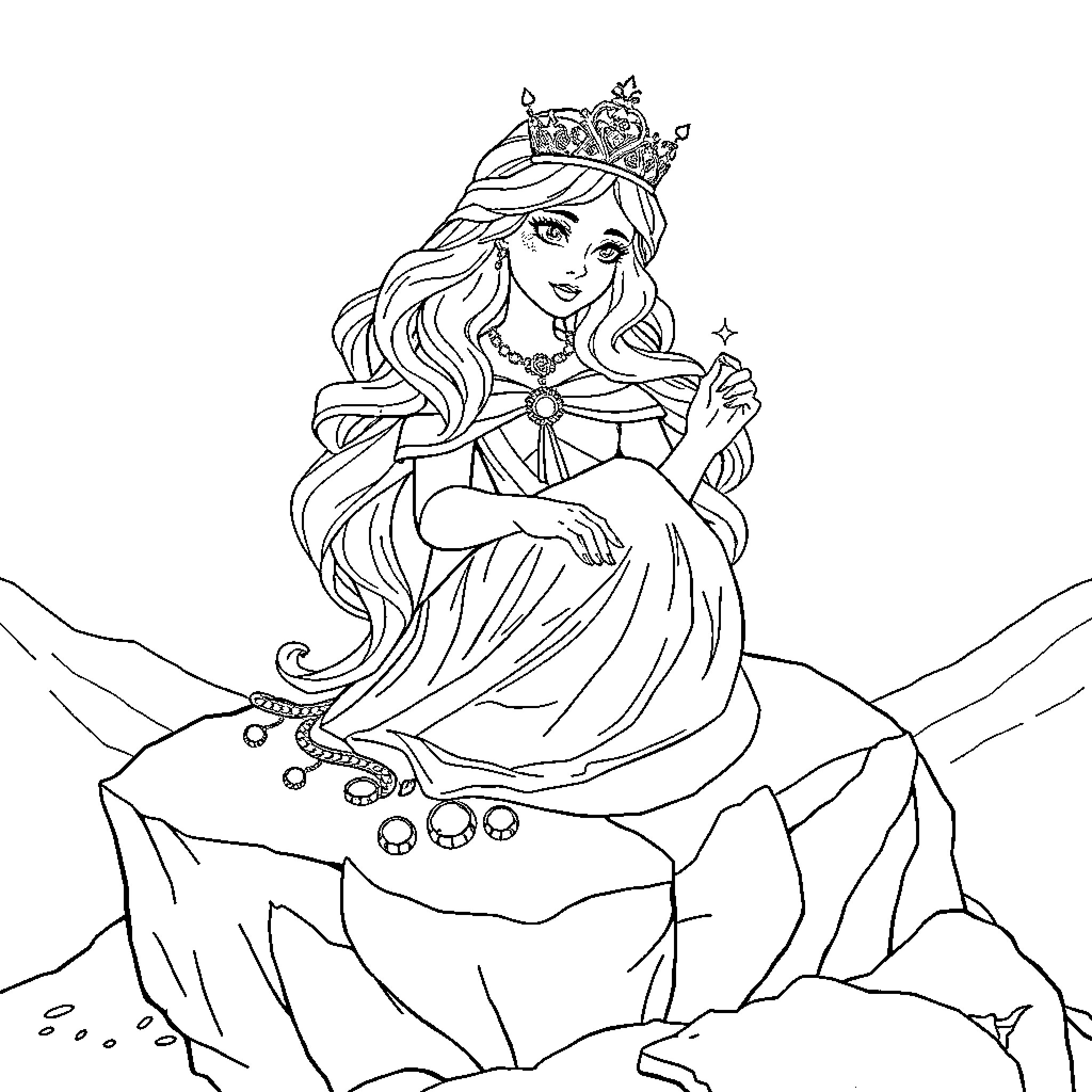 Mermaid princess sitting on a rock Coloring Page (free black-and-white line drawing printable PDF for all, from beginners to advanced learners, including children, teens, adults, and seniors)