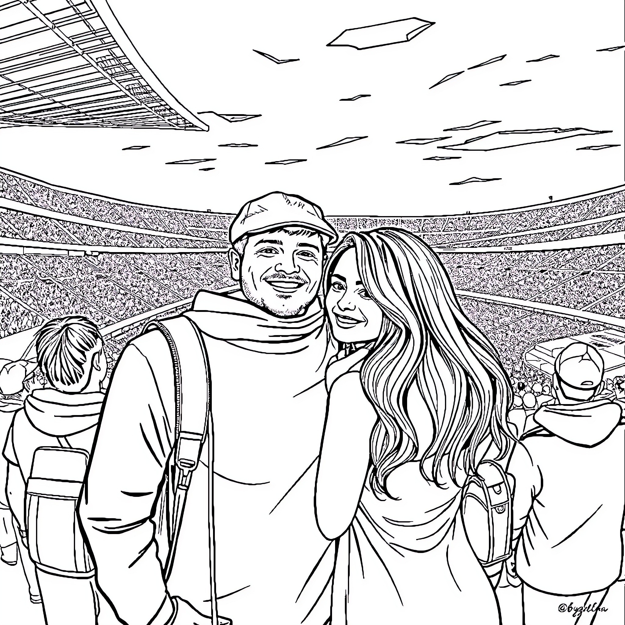 Pareja en el estadio disfrutando del evento Coloring Page (free black-and-white line drawing printable PDF for all, from beginners to advanced learners, including children, teens, adults, and seniors)