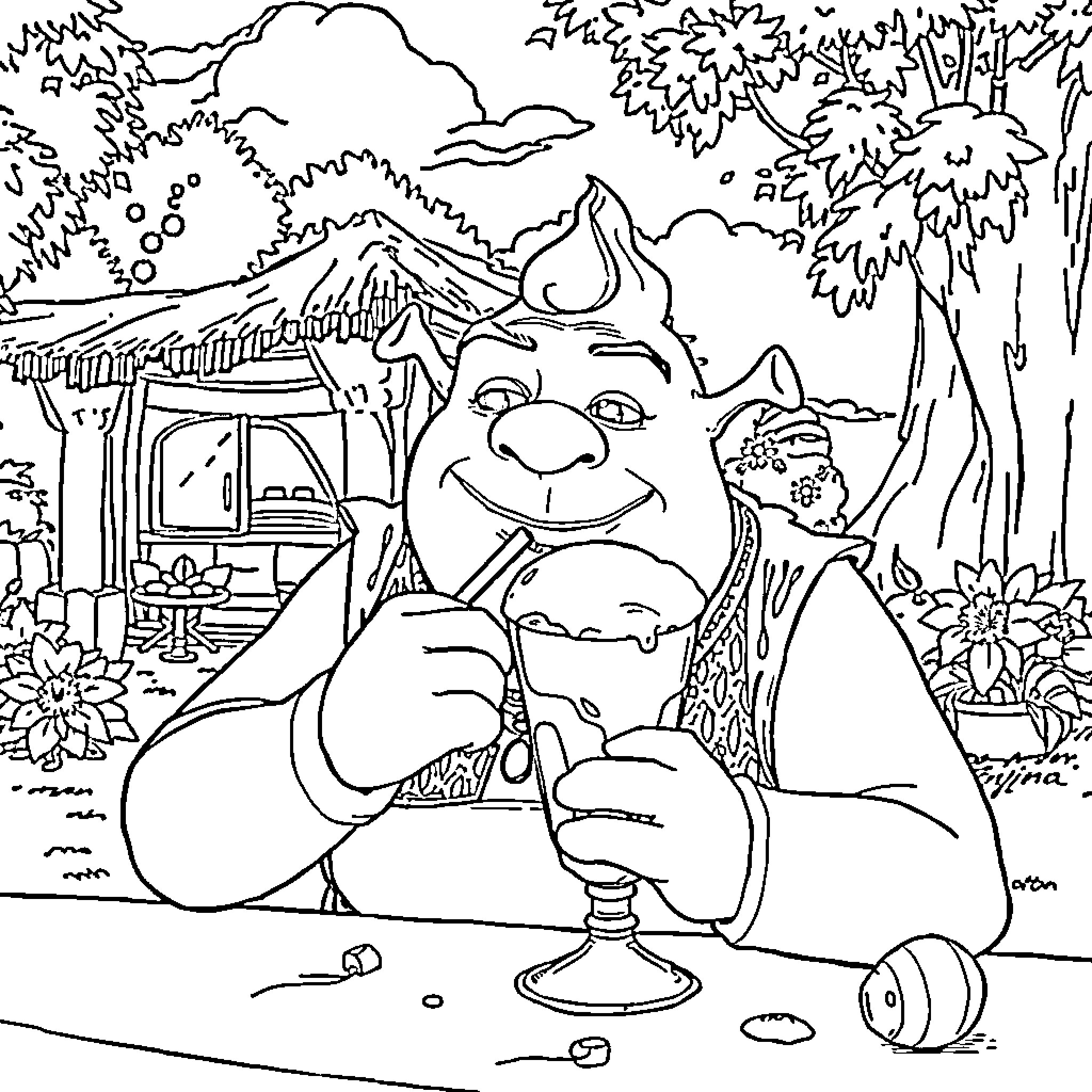 Shrek enjoying a drink in the enchanted forest Coloring Page (free black-and-white line drawing printable PDF for all, from beginners to advanced learners, including children, teens, adults, and seniors)