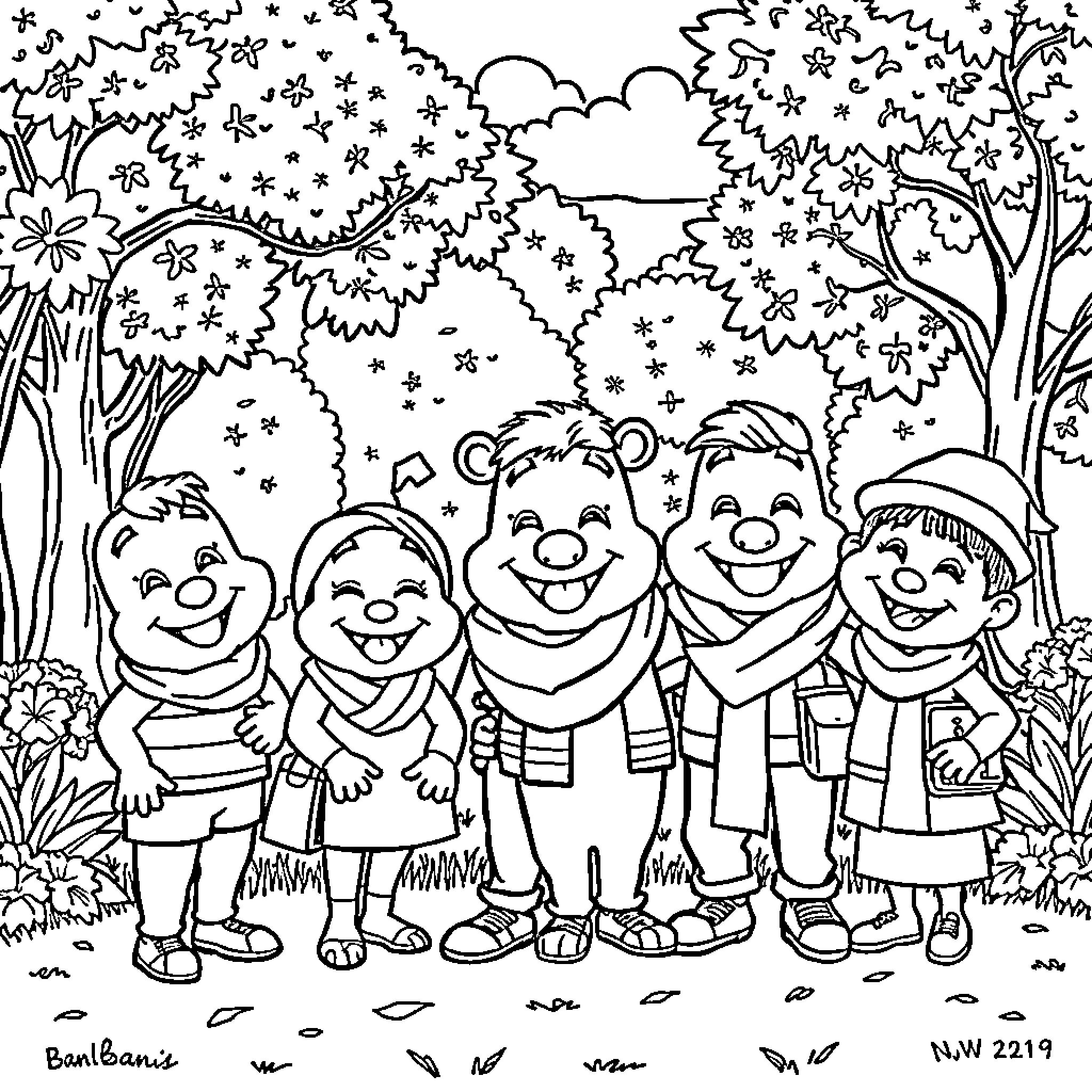 Banban Joyful Friends in the Enchanted Forest Coloring Page (free black-and-white line drawing printable PDF for all, from beginners to advanced learners, including children, teens, adults, and seniors)