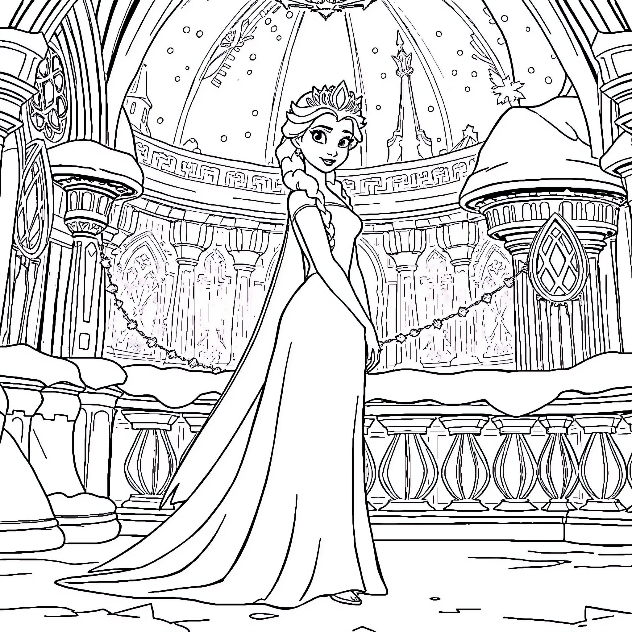 Princess Elsa in a Majestic Palace Scene Coloring Page (free black-and-white line drawing printable PDF for all, from beginners to advanced learners, including children, teens, adults, and seniors)