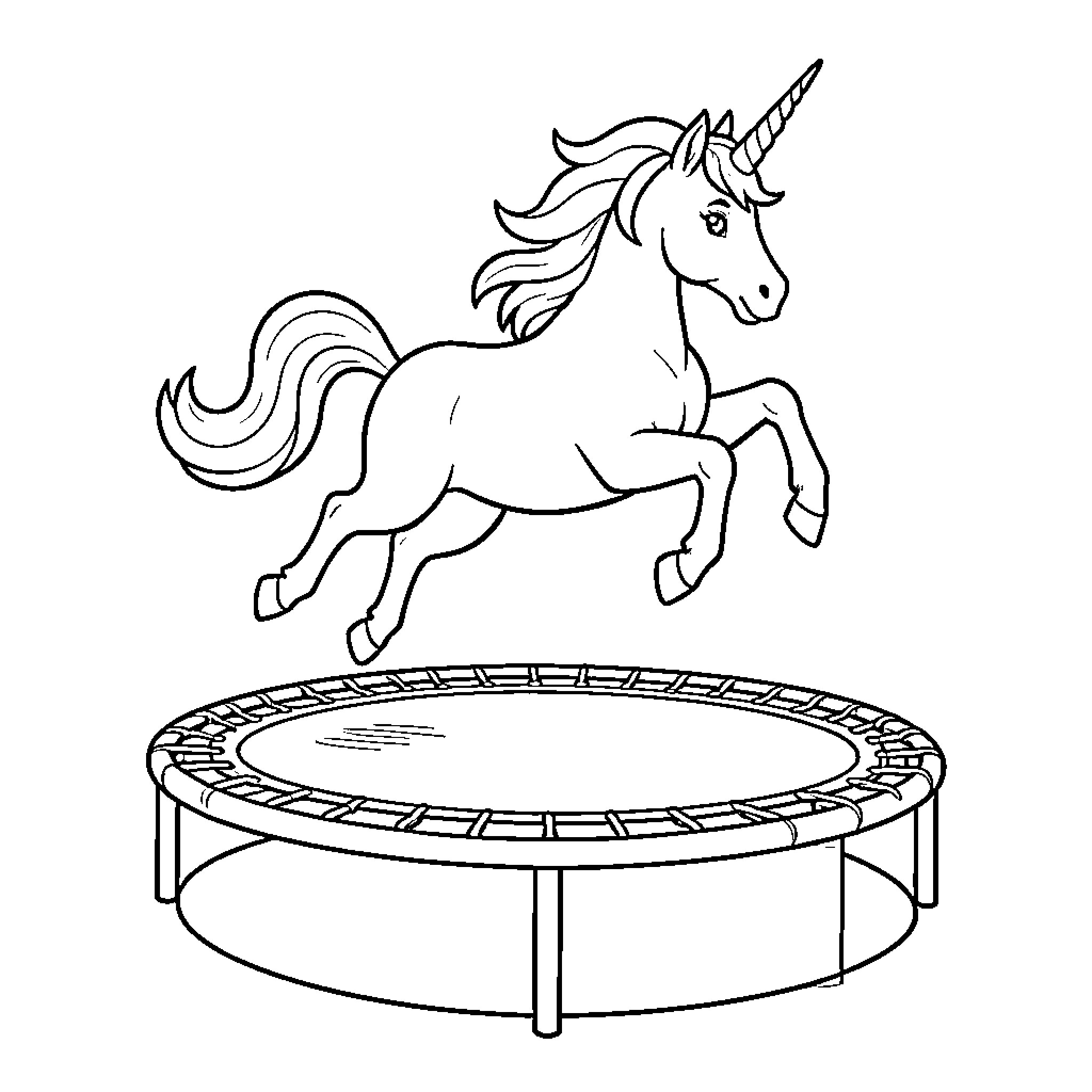 Unicorn leaping on a trampoline Coloring Page (free black-and-white line drawing printable PDF for all, from beginners to advanced learners, including children, teens, adults, and seniors)