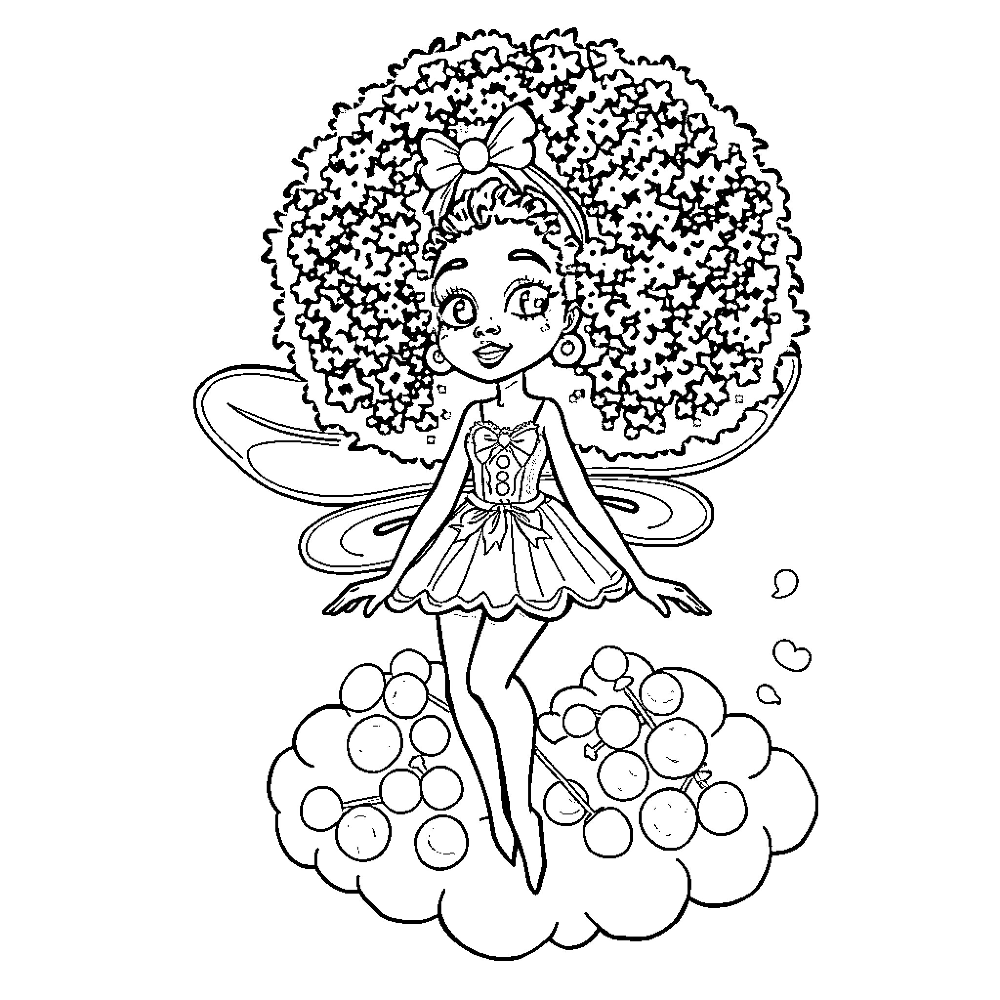 Fairy dancing joyfully on fluffy clouds Coloring Page (free black-and-white line drawing printable PDF for all, from beginners to advanced learners, including children, teens, adults, and seniors)