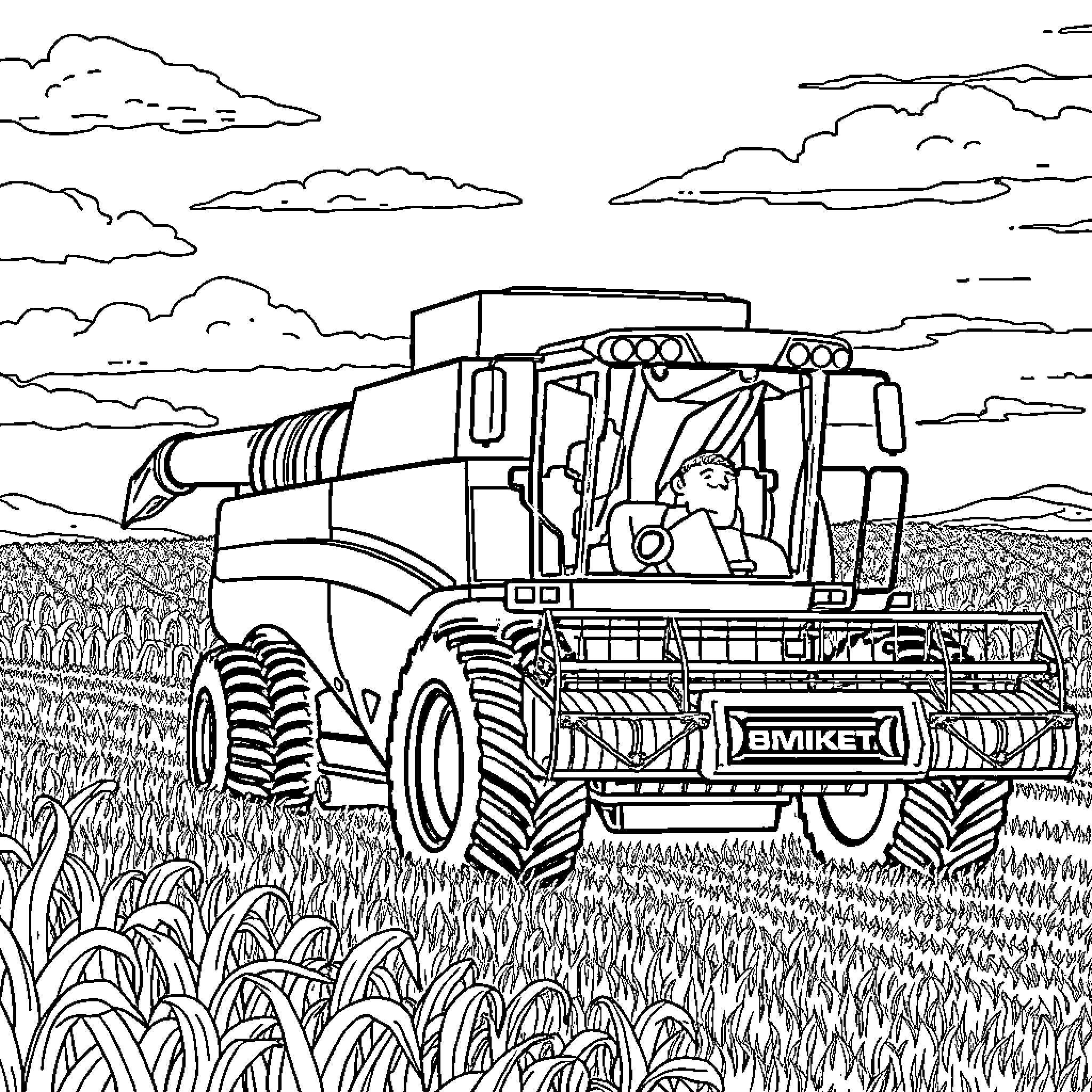 Corn Harvested by Mighty Agricultural Machine Coloring Page (free black-and-white line drawing printable PDF for all, from beginners to advanced learners, including children, teens, adults, and seniors)