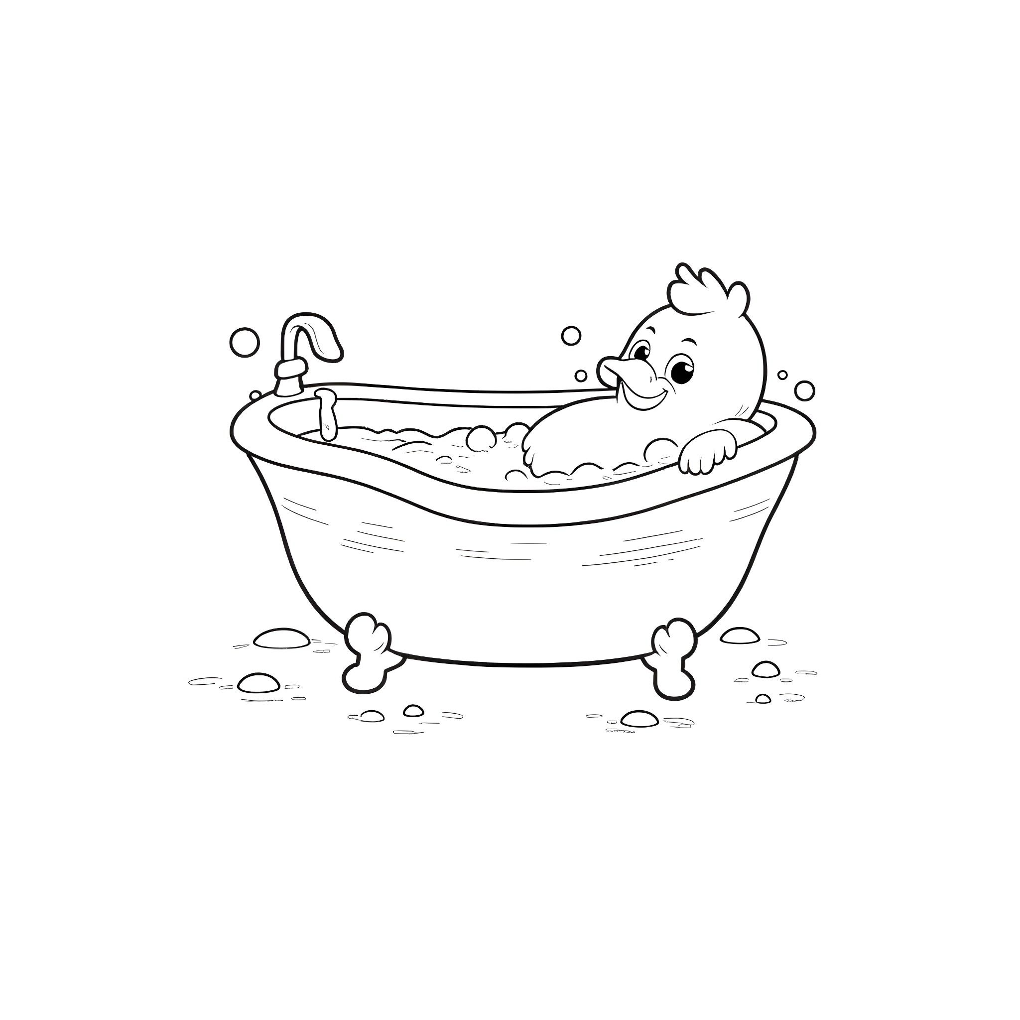 Chicken taking a bubbly bath Coloring Page (free black-and-white line drawing printable PDF for all, from beginners to advanced learners, including children, teens, adults, and seniors)