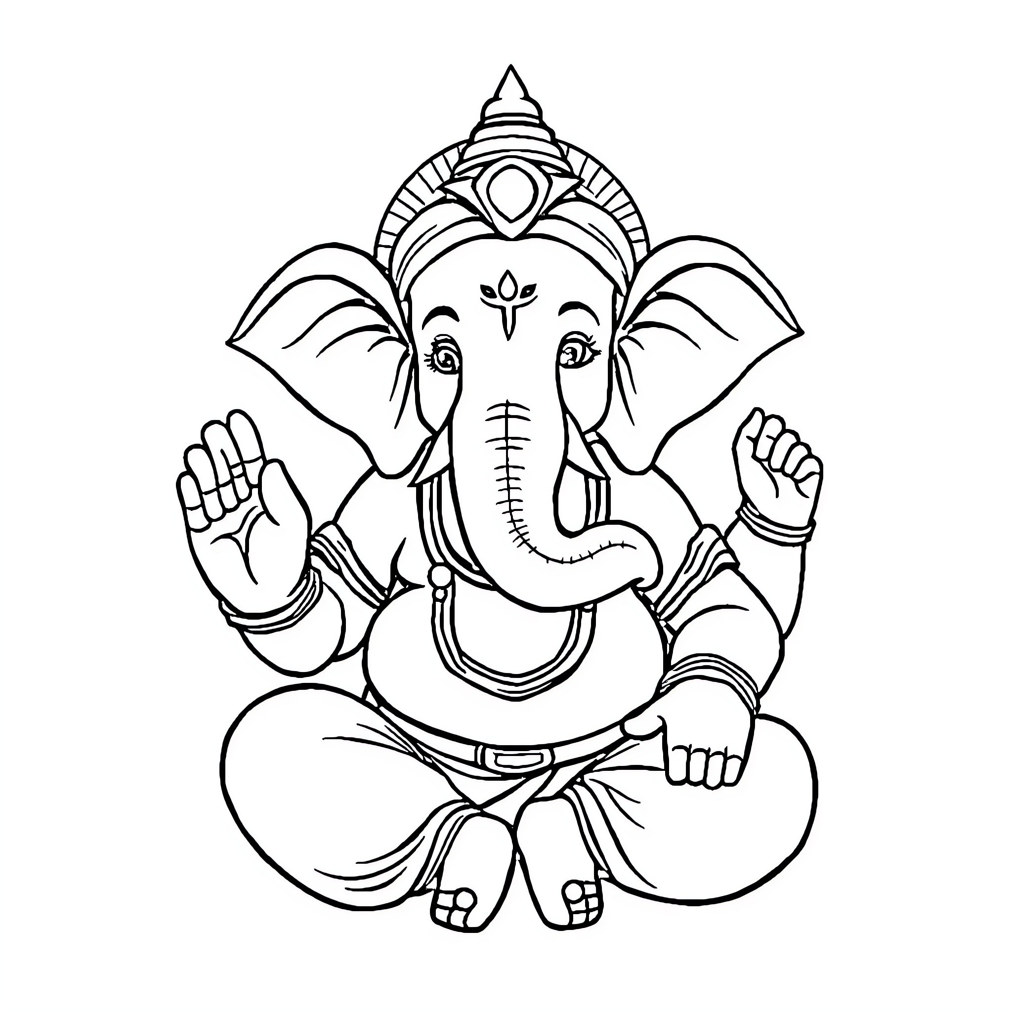 Ganesh the Hindu Deity in Meditation Pose Coloring Page (free black-and-white line drawing printable PDF for all, from beginners to advanced learners, including children, teens, adults, and seniors)