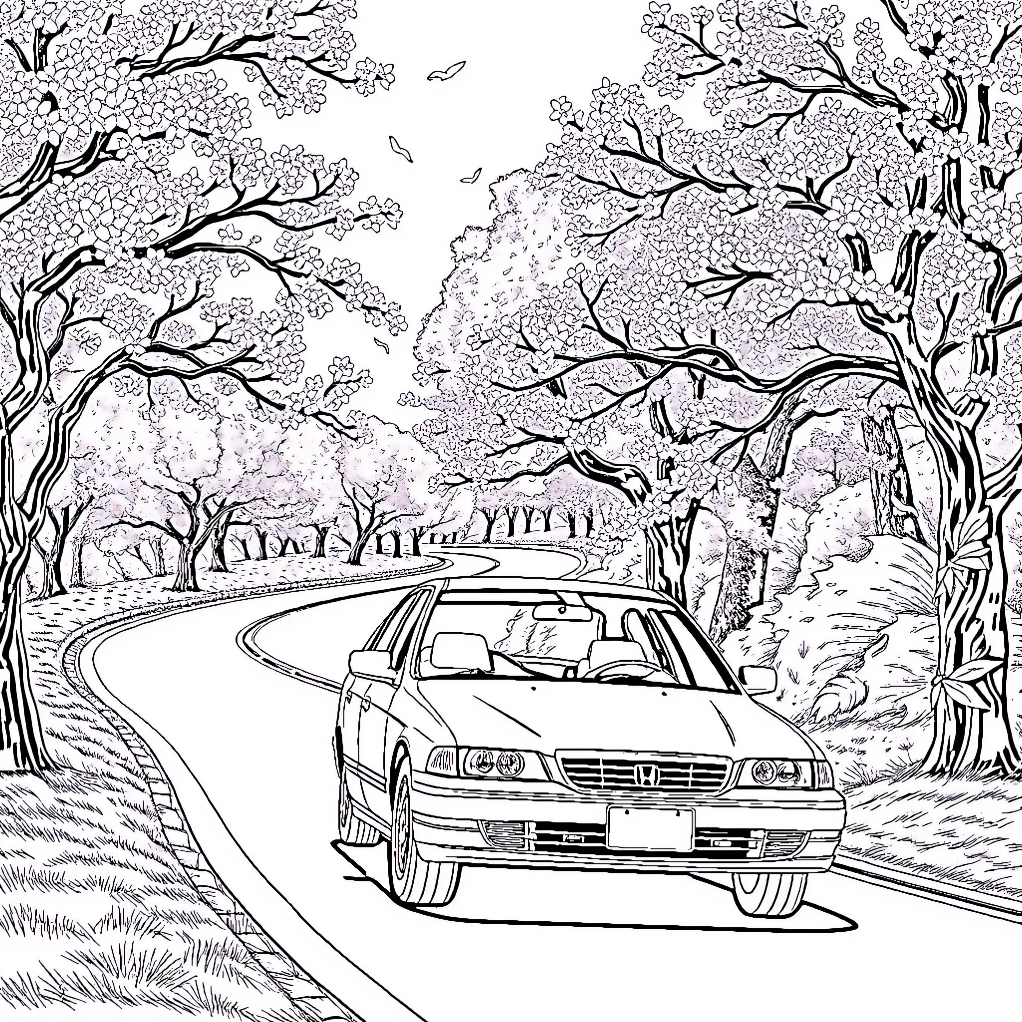 Honda Accord on a scenic road through a forest Coloring Page (free black-and-white line drawing printable PDF for all, from beginners to advanced learners, including children, teens, adults, and seniors)