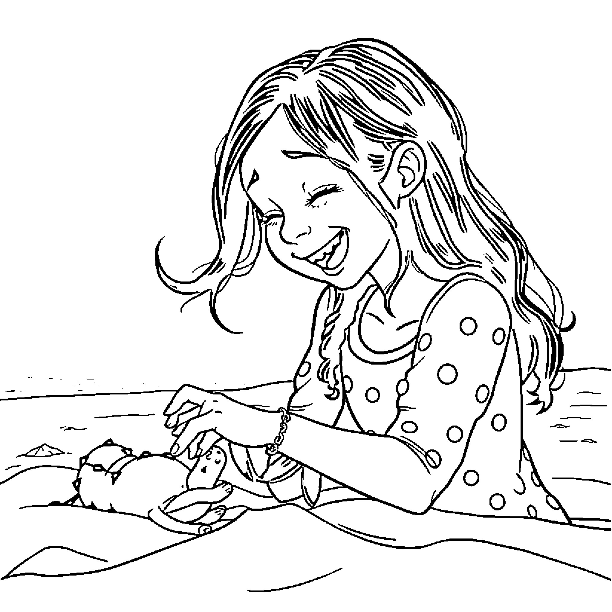 Wednesday Addams playing with her pet in the ocean Coloring Page (free black-and-white line drawing printable PDF for all, from beginners to advanced learners, including children, teens, adults, and seniors)
