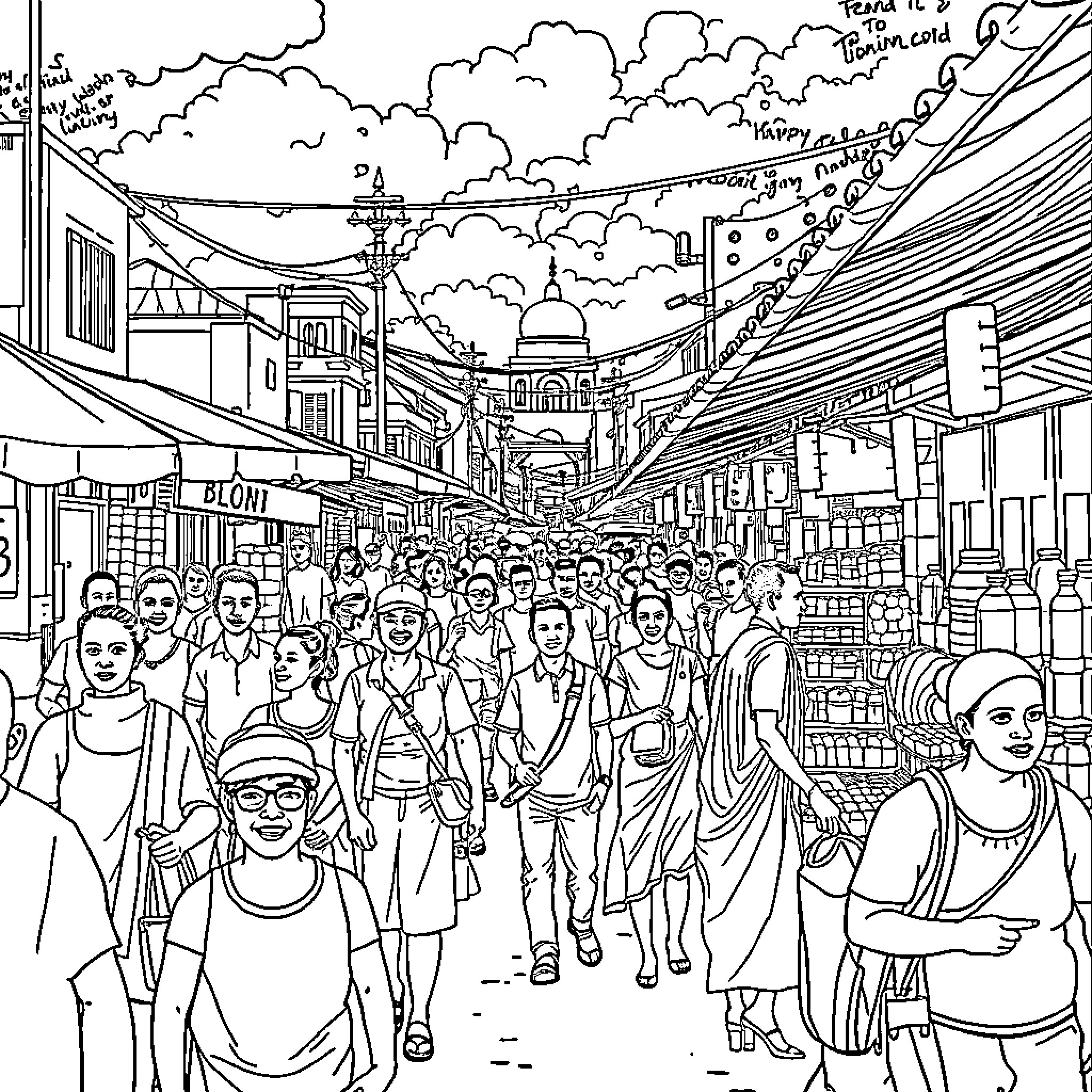Nairobi bustling street scene with diverse crowd Coloring Page (free black-and-white line drawing printable PDF for all, from beginners to advanced learners, including children, teens, adults, and seniors)