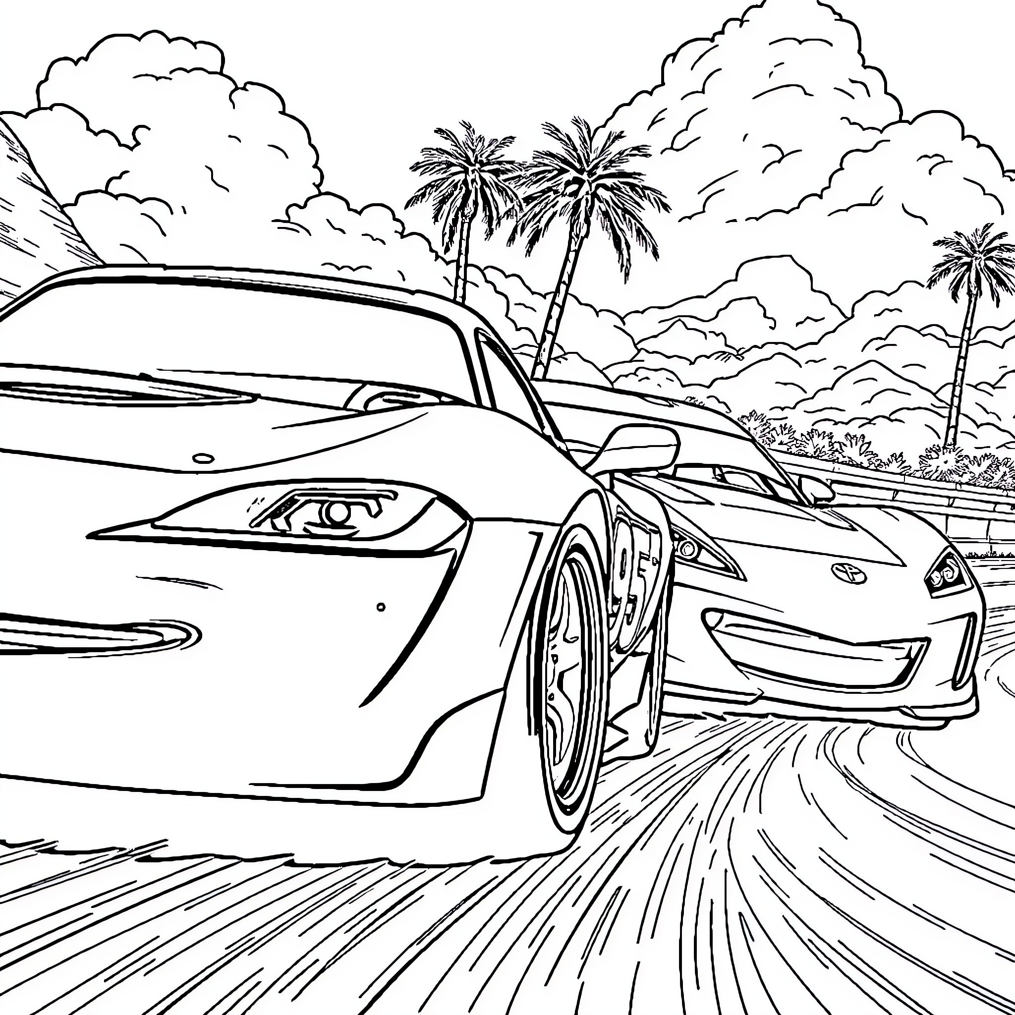Rayo McQueen driving fast on a tropical road Coloring Page (free black-and-white line drawing printable PDF for all, from beginners to advanced learners, including children, teens, adults, and seniors)
