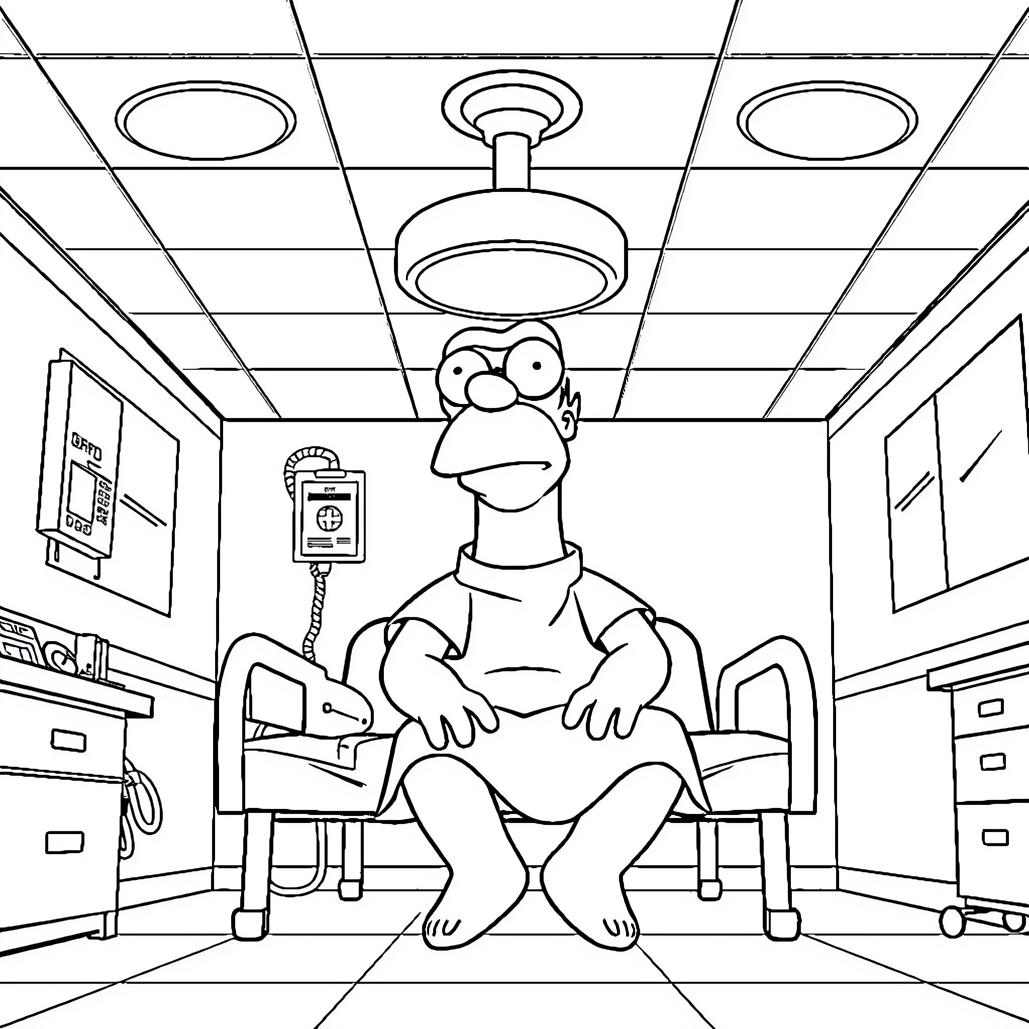 Homer Simpson sits in a medical examination room Coloring Page (free black-and-white line drawing printable PDF for all, from beginners to advanced learners, including children, teens, adults, and seniors)