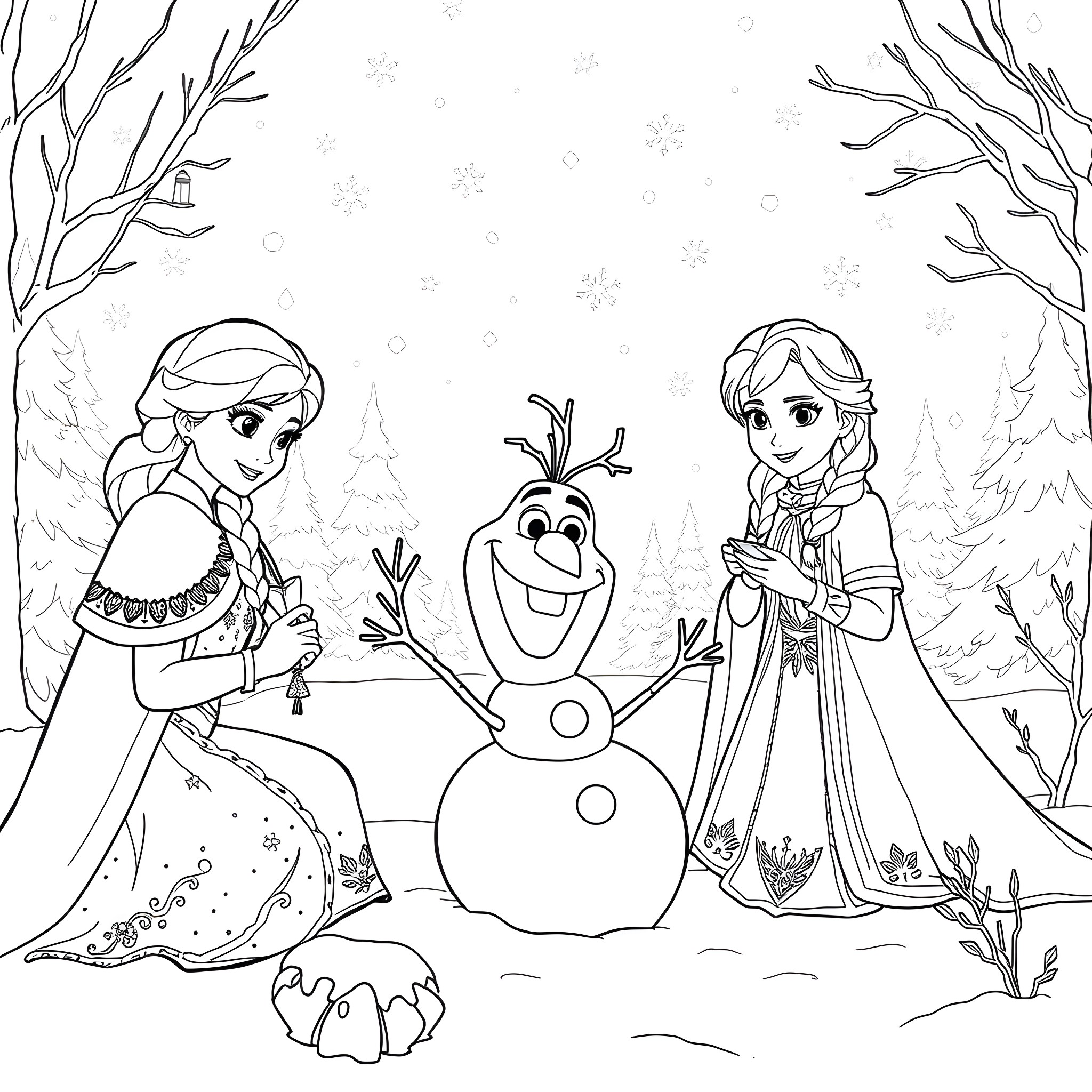 Olaf and the Snow Sisters in Winter Wonderland Coloring Page (free black-and-white line drawing printable PDF for all, from beginners to advanced learners, including children, teens, adults, and seniors)
