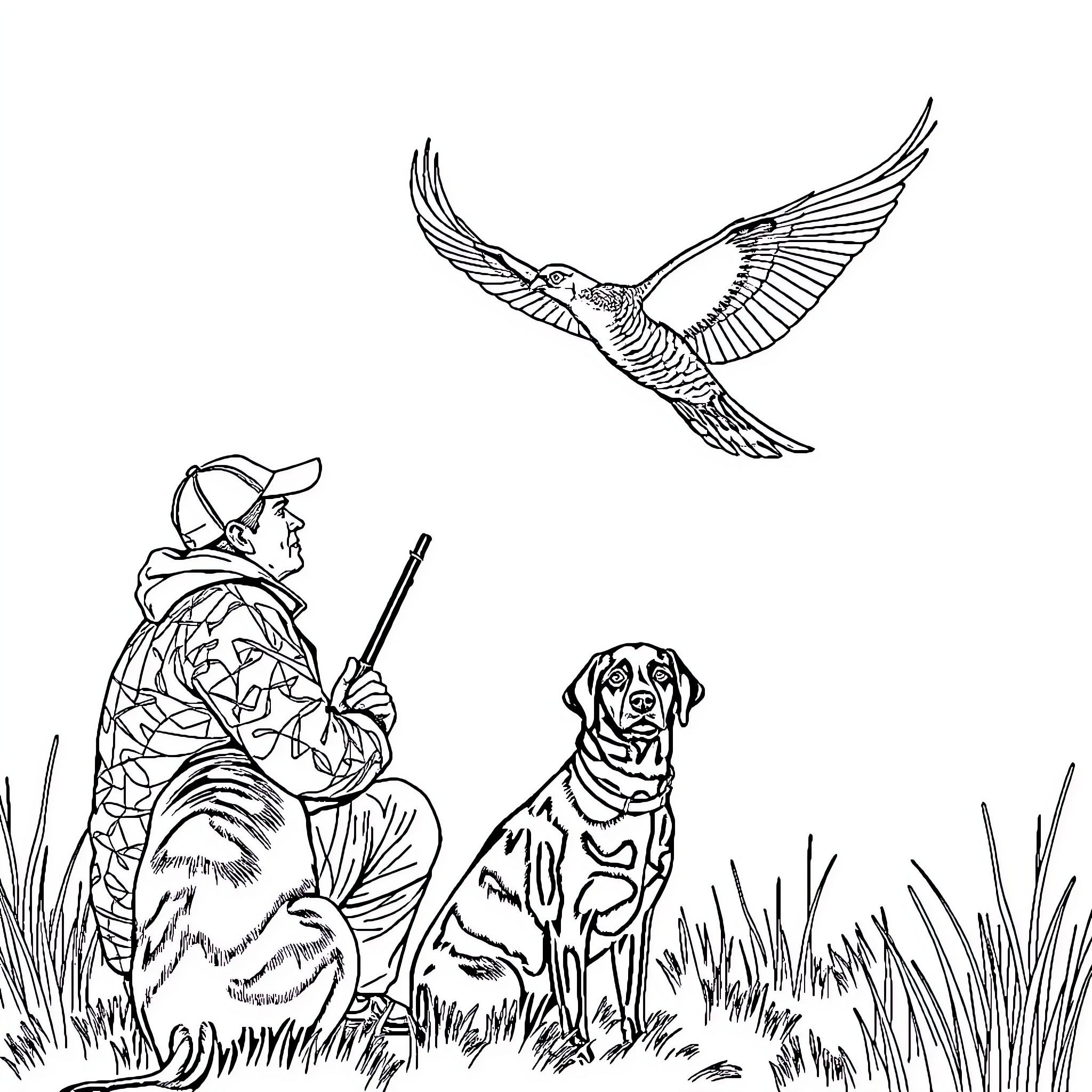 Pheasant in flight over hunter and dog Coloring Page (free black-and-white line drawing printable PDF for all, from beginners to advanced learners, including children, teens, adults, and seniors)