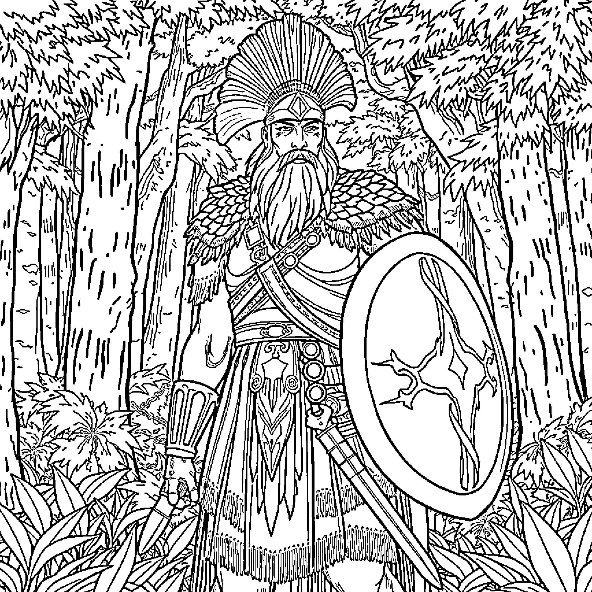 Gaul Warrior Stands Proud in Forest Wilderness Coloring Page (free black-and-white line drawing printable PDF for all, from beginners to advanced learners, including children, teens, adults, and seniors)