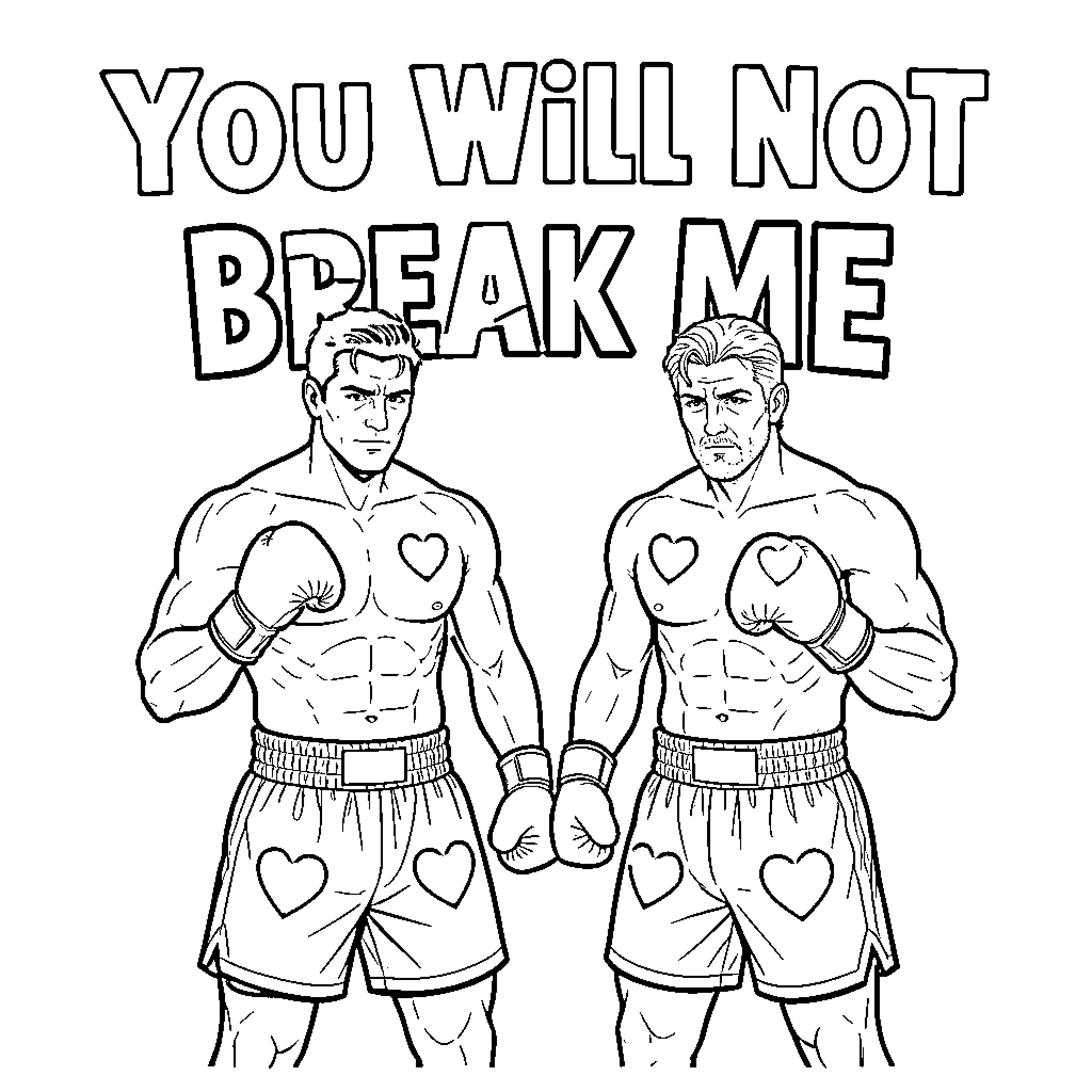Boxer duo ready to fight with determination Coloring Page (free black-and-white line drawing printable PDF for all, from beginners to advanced learners, including children, teens, adults, and seniors)