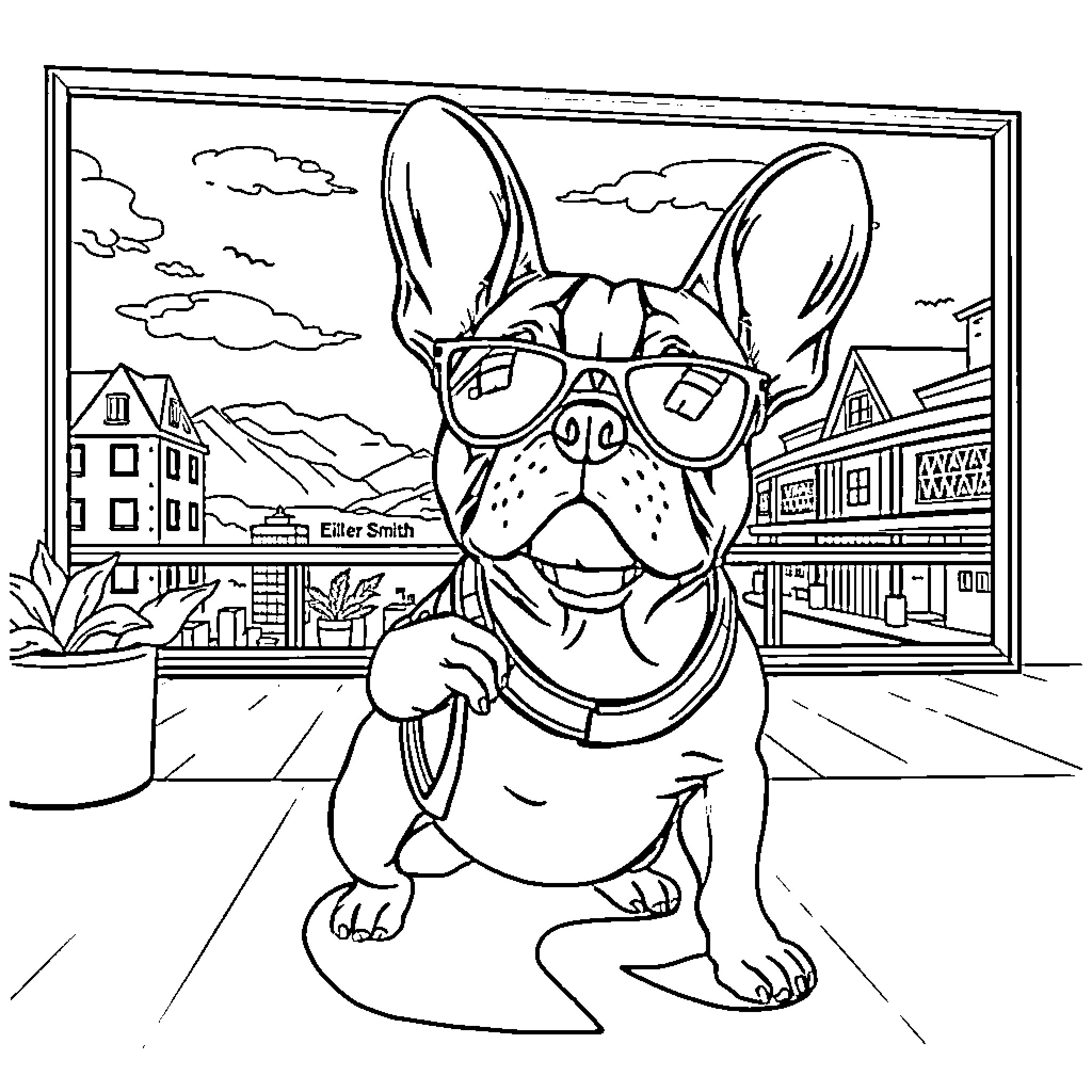French Bulldog enjoying the city with sunglasses Coloring Page (free black-and-white line drawing printable PDF for all, from beginners to advanced learners, including children, teens, adults, and seniors)