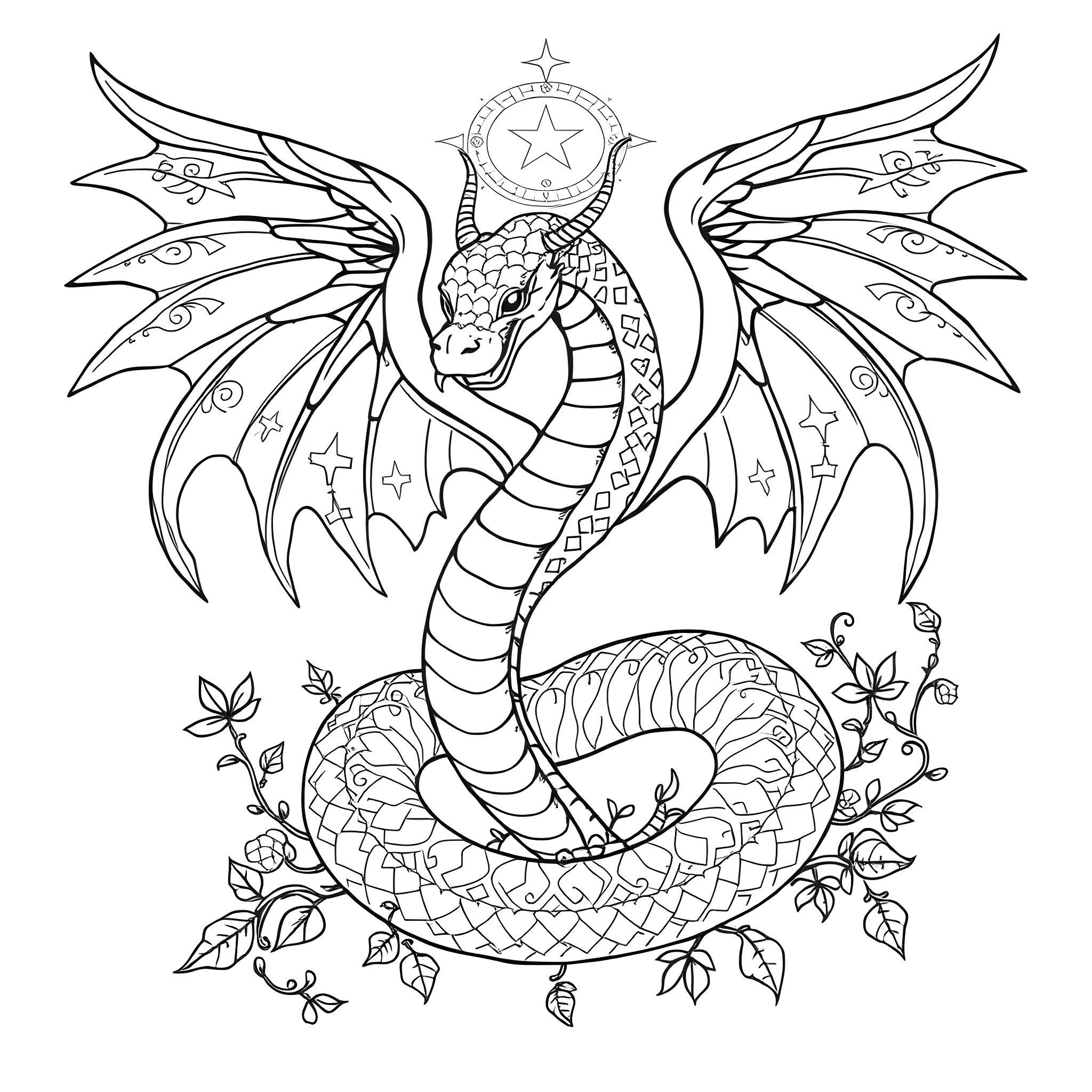 Snake with intricate wings and ornamental design Coloring Page (free black-and-white line drawing printable PDF for all, from beginners to advanced learners, including children, teens, adults, and seniors)