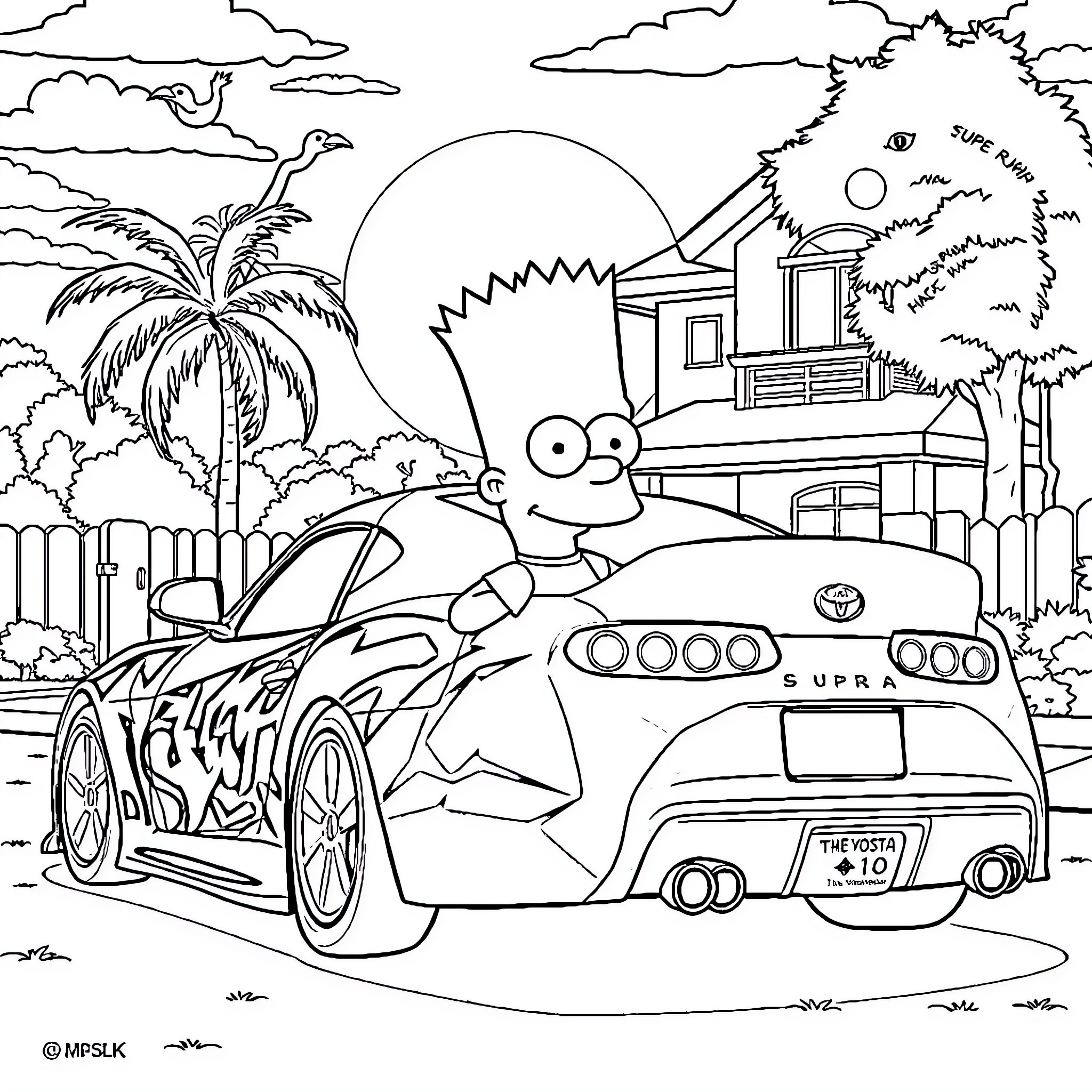 Bart Simpson driving a sports car in the city Coloring Page (free black-and-white line drawing printable PDF for all, from beginners to advanced learners, including children, teens, adults, and seniors)