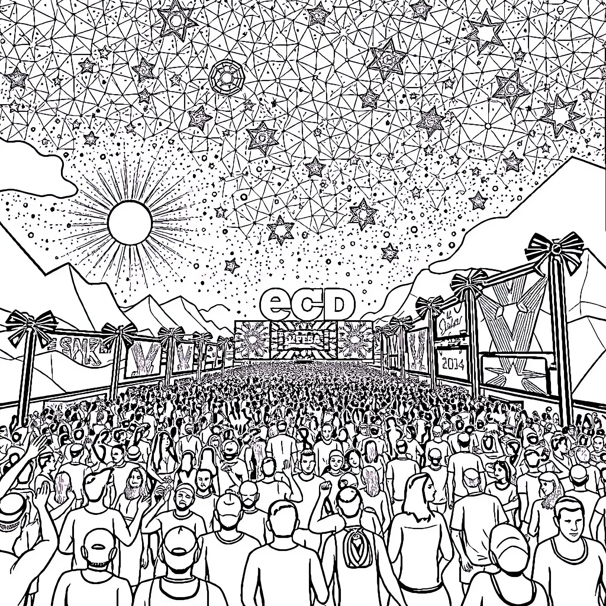 EDC: Vibrant Crowd at Outdoor Music Festival Coloring Page (free black-and-white line drawing printable PDF for all, from beginners to advanced learners, including children, teens, adults, and seniors)