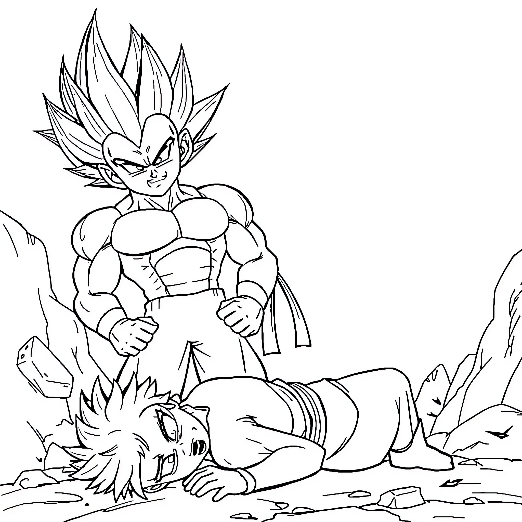 Vegeta confronting a defeated opponent Coloring Page (free black-and-white line drawing printable PDF for all, from beginners to advanced learners, including children, teens, adults, and seniors)