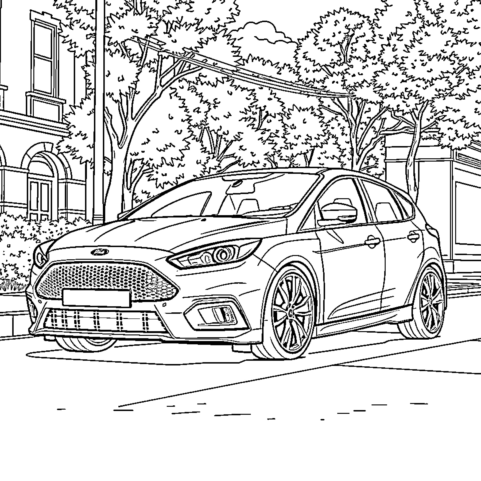 Ford Focus parked on city street Coloring Page (free black-and-white line drawing printable PDF for all, from beginners to advanced learners, including children, teens, adults, and seniors)
