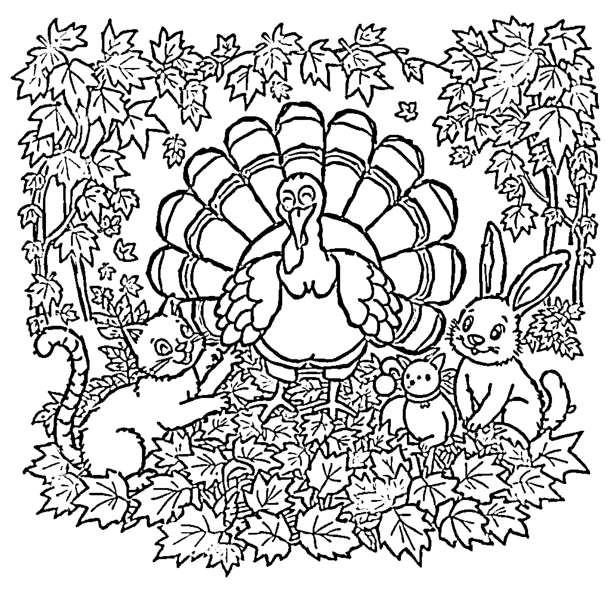 Turkey surrounded by autumn leaves and forest creatures Coloring Page (free black-and-white line drawing printable PDF for all, from beginners to advanced learners, including children, teens, adults, and seniors)