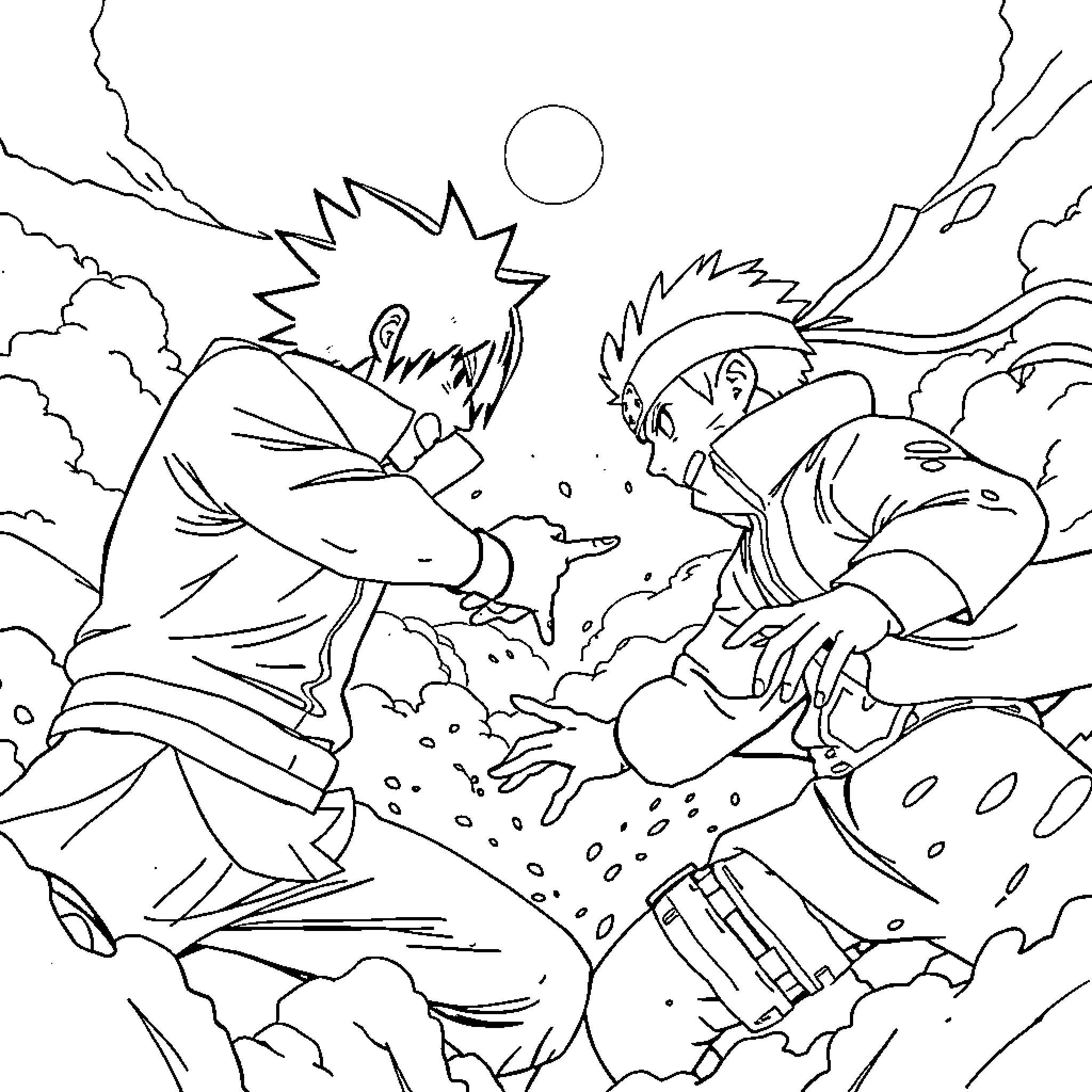 Sasuke and Naruto in fierce battle amid destruction Coloring Page (free black-and-white line drawing printable PDF for all, from beginners to advanced learners, including children, teens, adults, and seniors)