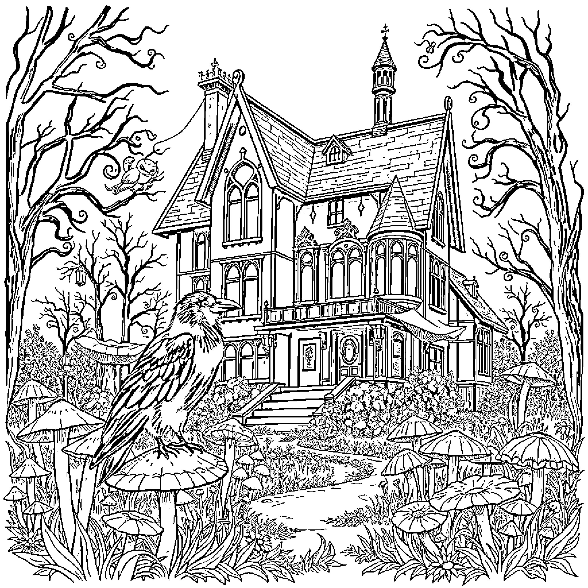 House of Enchantment in the Mystical Forest Coloring Page (free black-and-white line drawing printable PDF for all, from beginners to advanced learners, including children, teens, adults, and seniors)