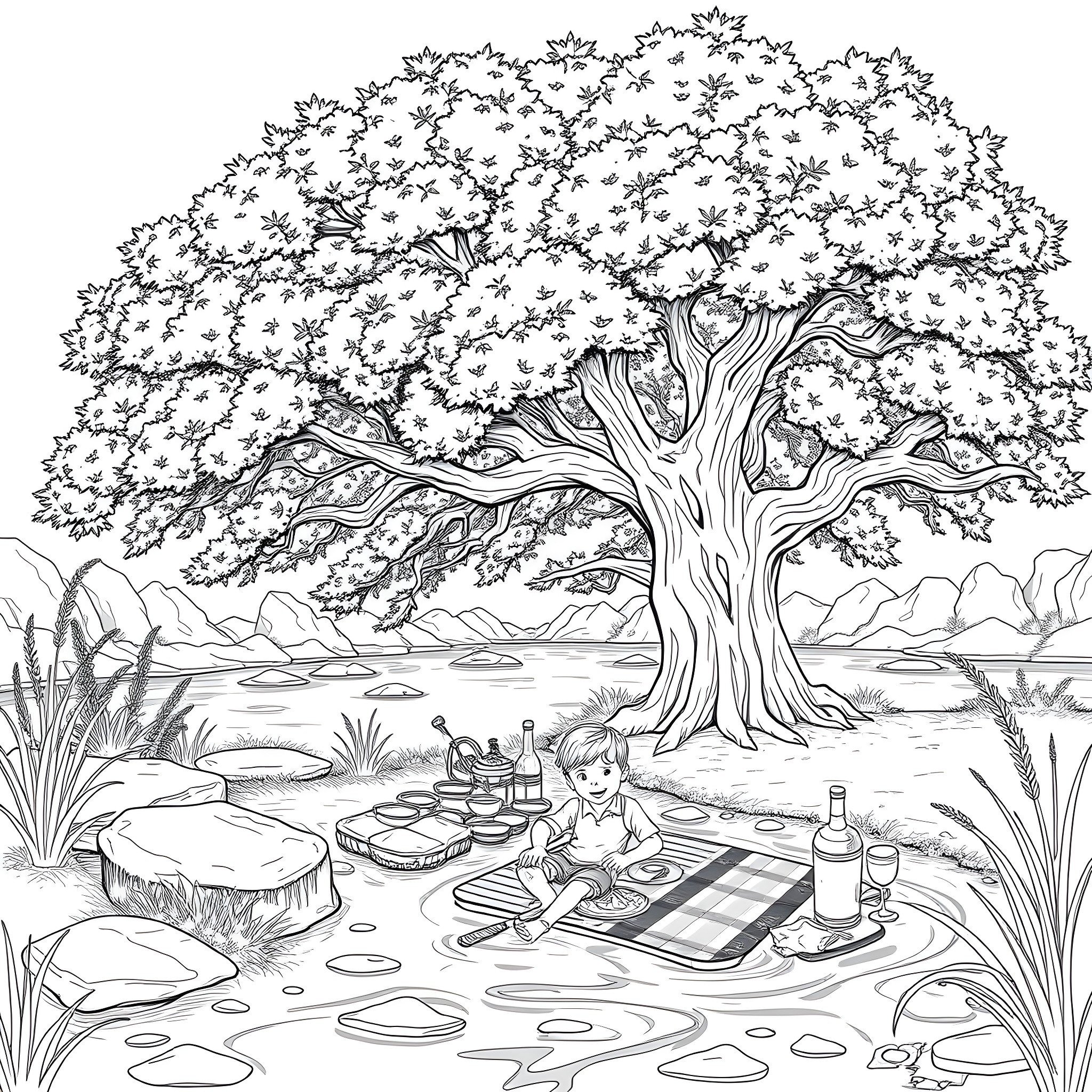 Picnic under the majestic tree in tranquil nature Coloring Page (free black-and-white line drawing printable PDF for all, from beginners to advanced learners, including children, teens, adults, and seniors)