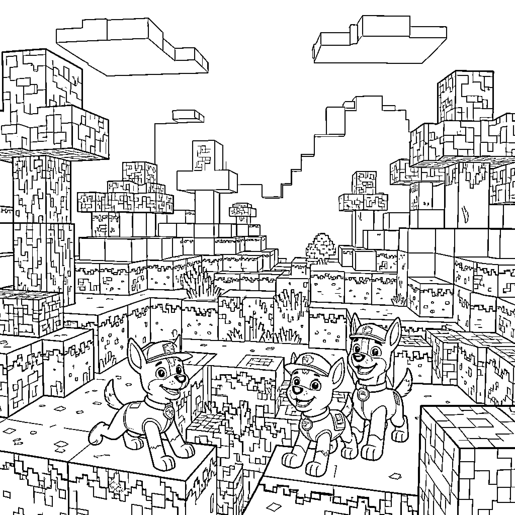 Paw Patrol characters exploring a blocky landscape Coloring Page (free black-and-white line drawing printable PDF for all, from beginners to advanced learners, including children, teens, adults, and seniors)