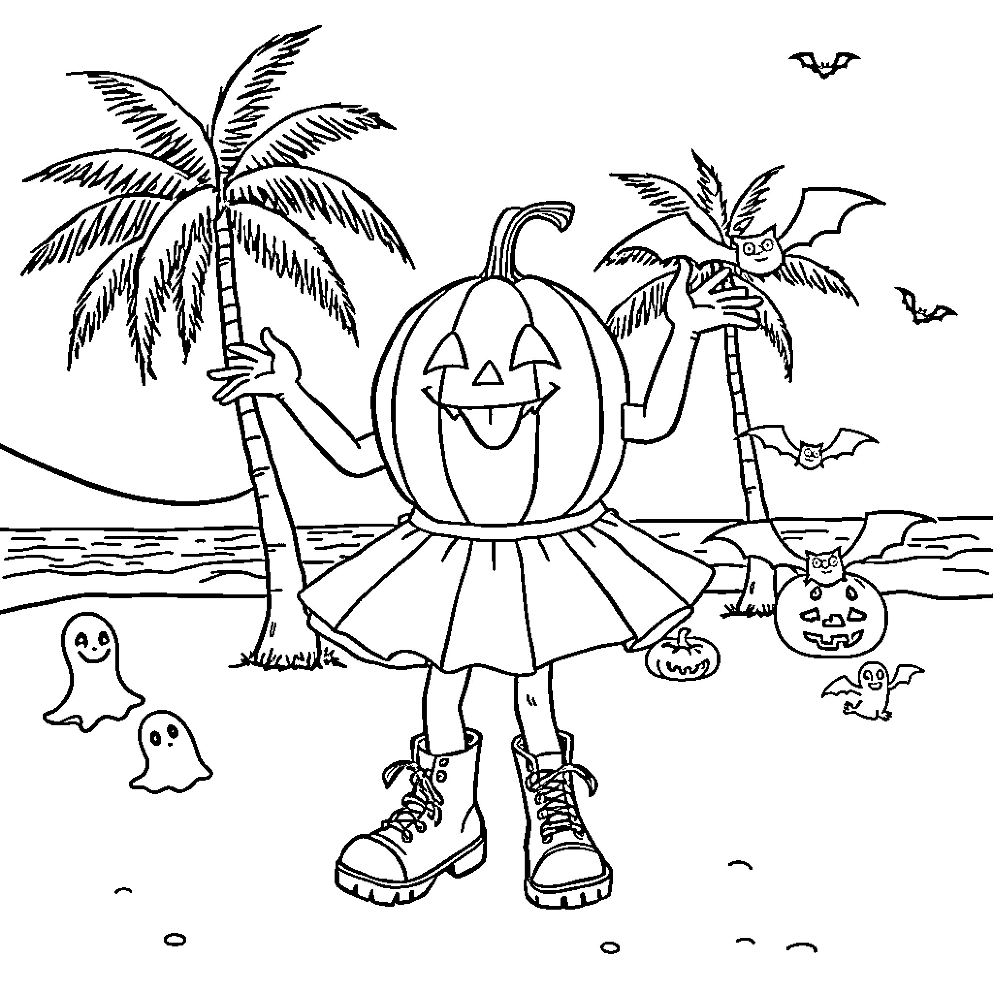 Pumpkin character enjoying Halloween at the beach Coloring Page (free black-and-white line drawing printable PDF for all, from beginners to advanced learners, including children, teens, adults, and seniors)