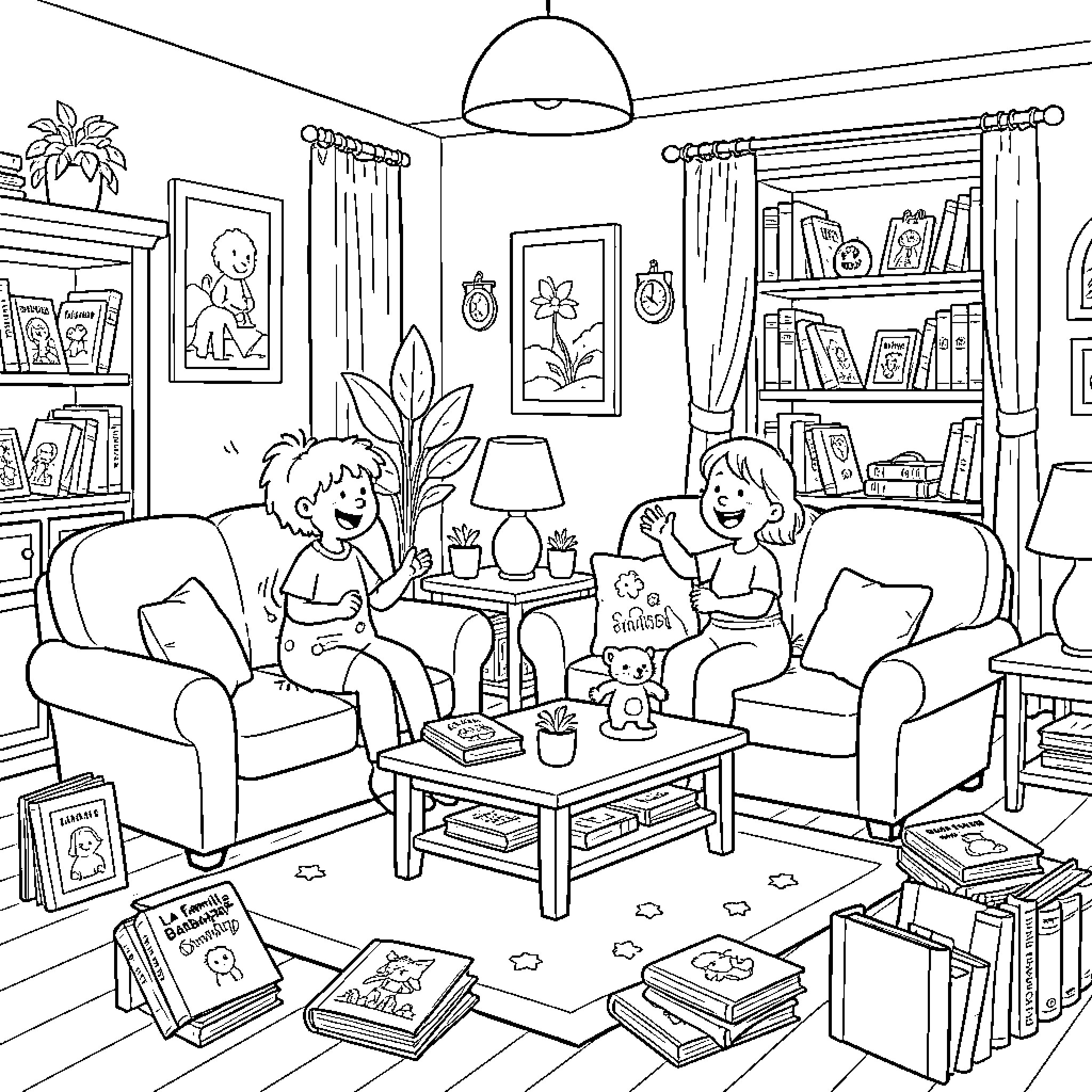 Barbapapa characters sitting and talking in a living room Coloring Page (free black-and-white line drawing printable PDF for all, from beginners to advanced learners, including children, teens, adults, and seniors)