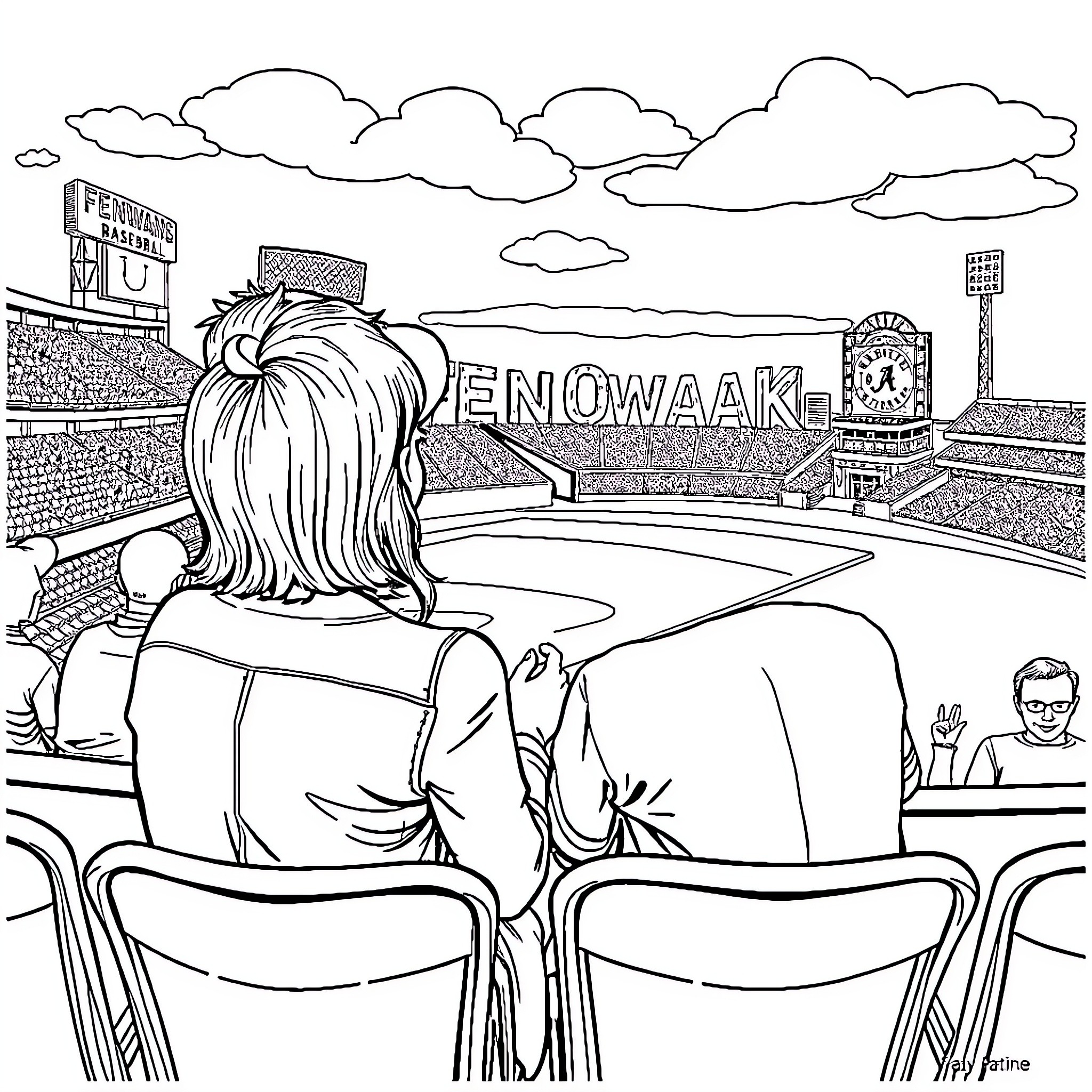 Joanne Enjoying the Game in the Stadium Coloring Page (free black-and-white line drawing printable PDF for all, from beginners to advanced learners, including children, teens, adults, and seniors)
