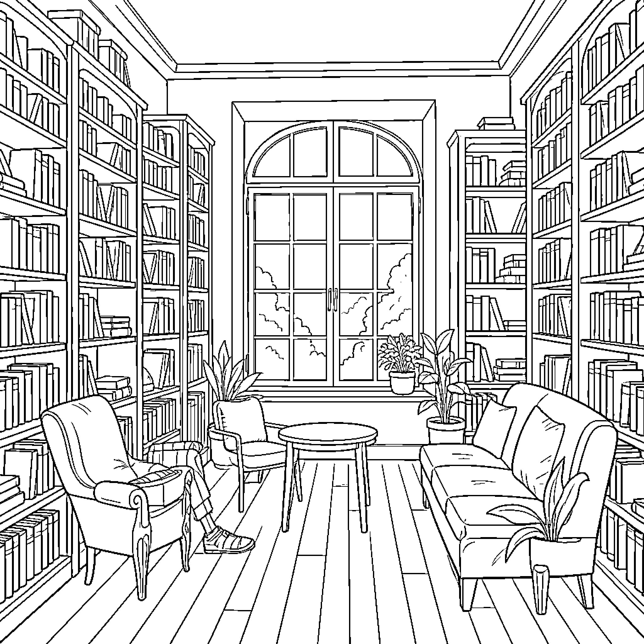 Library with cozy reading nook and bookshelves Coloring Page (free black-and-white line drawing printable PDF for all, from beginners to advanced learners, including children, teens, adults, and seniors)