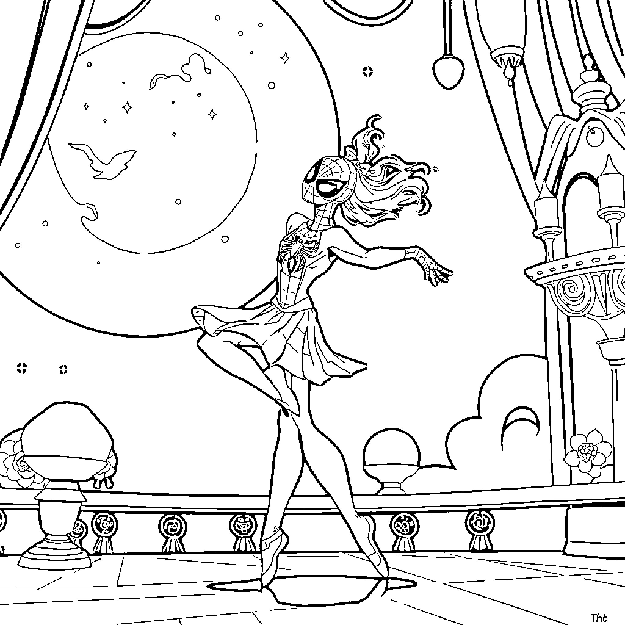 Spiderman heroine dancing gracefully on stage Coloring Page (free black-and-white line drawing printable PDF for all, from beginners to advanced learners, including children, teens, adults, and seniors)