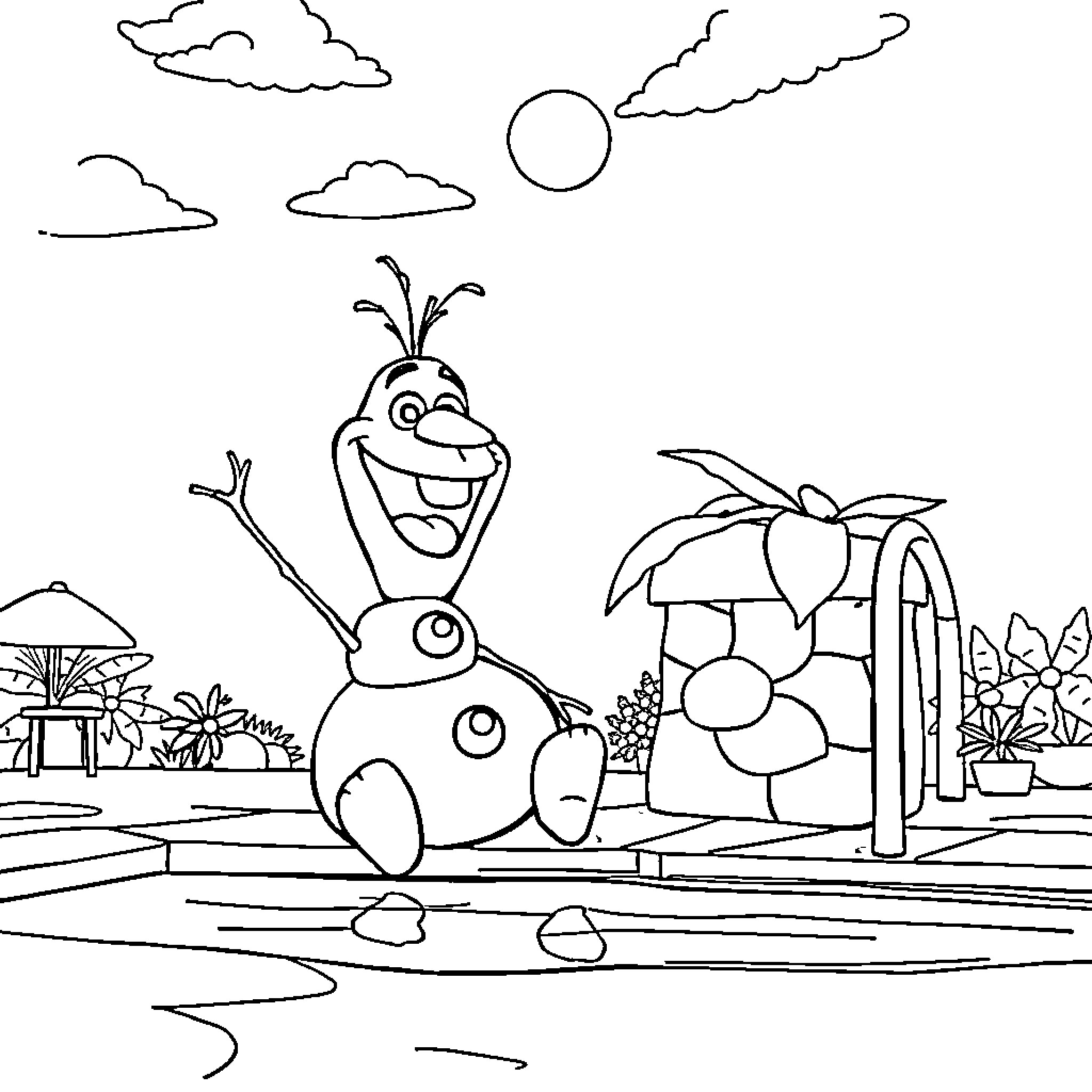 Olaf enjoying a sunny day at the beach Coloring Page (free black-and-white line drawing printable PDF for all, from beginners to advanced learners, including children, teens, adults, and seniors)