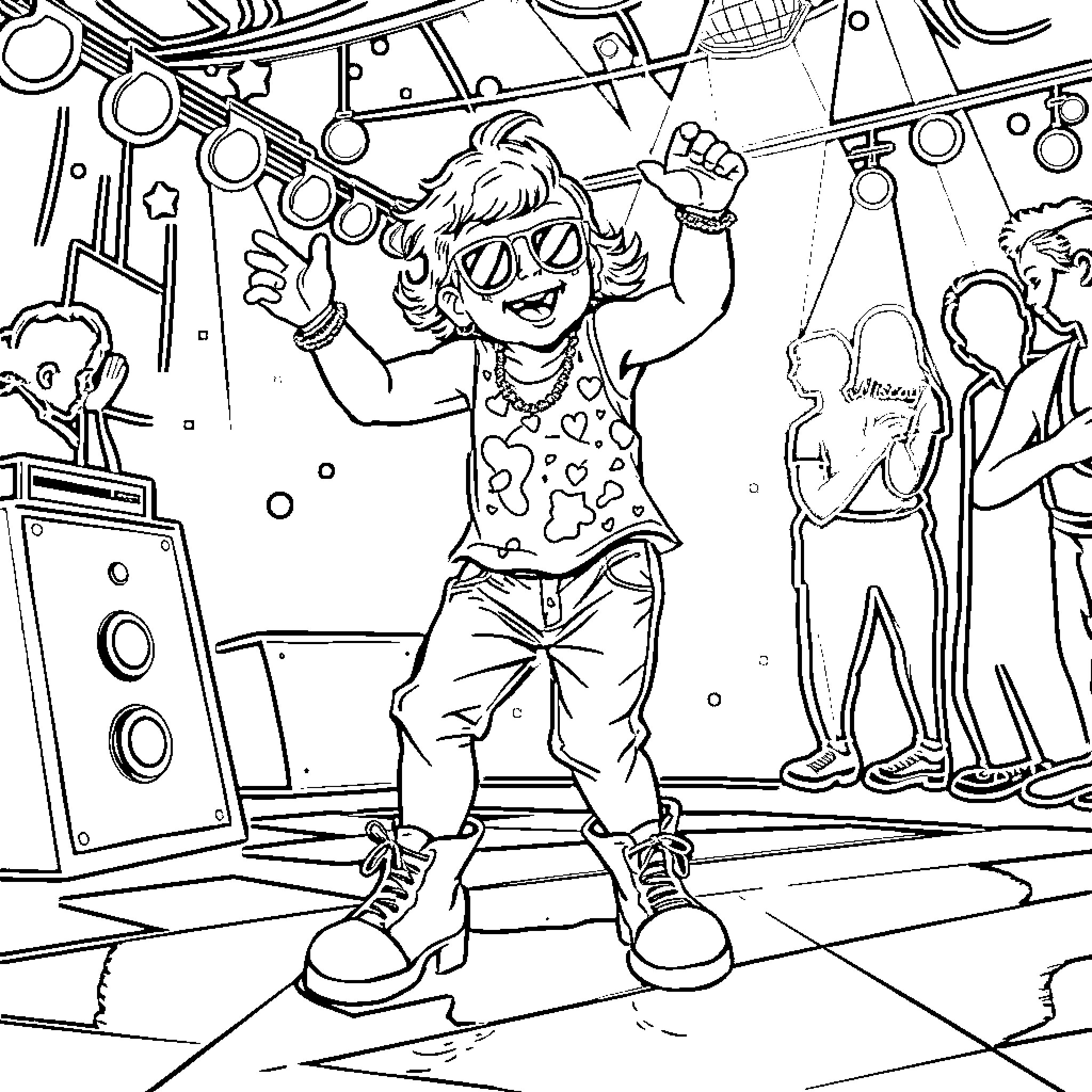 Baby rock star having fun on stage Coloring Page (free black-and-white line drawing printable PDF for all, from beginners to advanced learners, including children, teens, adults, and seniors)