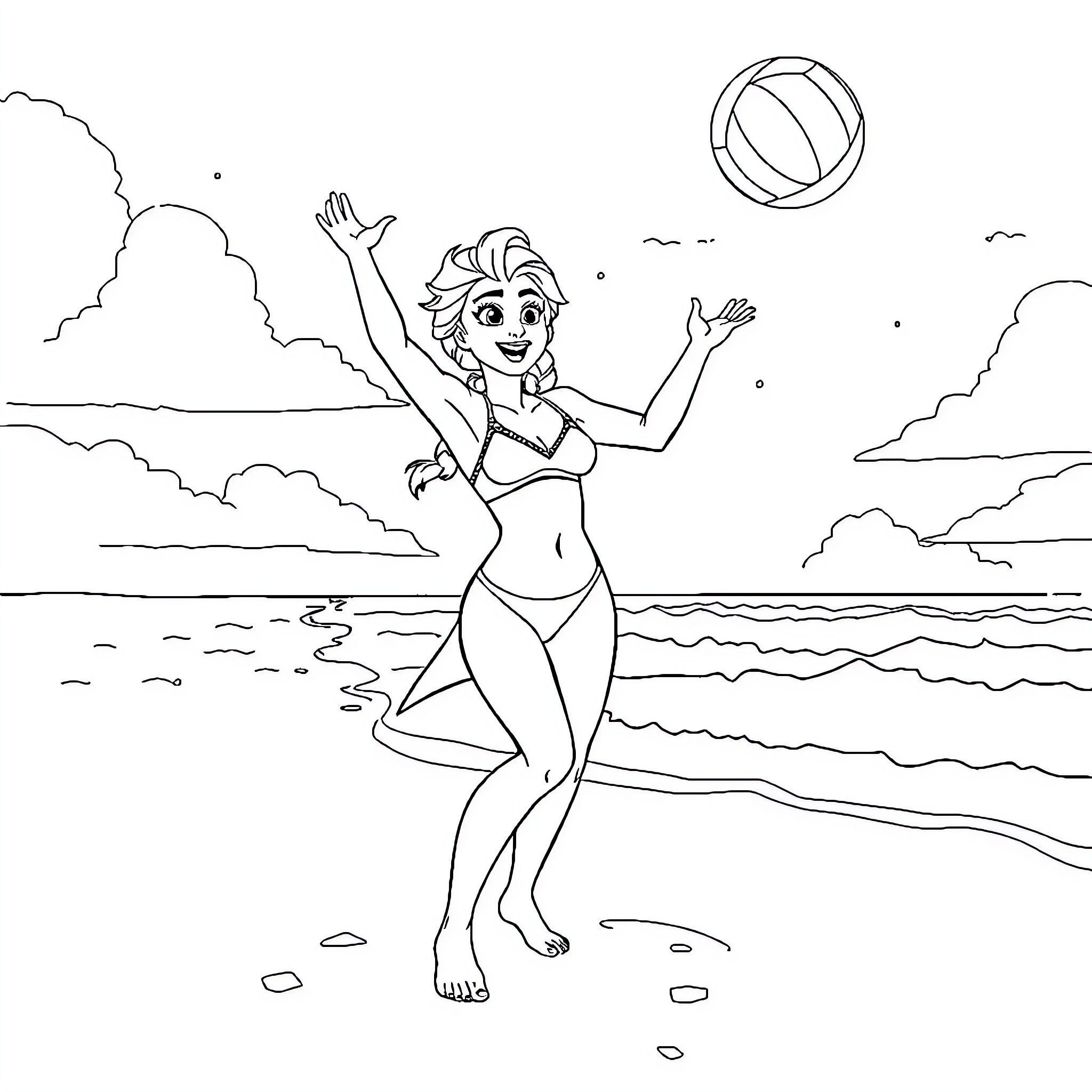 Elsa playing joyfully on the beach Coloring Page (free black-and-white line drawing printable PDF for all, from beginners to advanced learners, including children, teens, adults, and seniors)