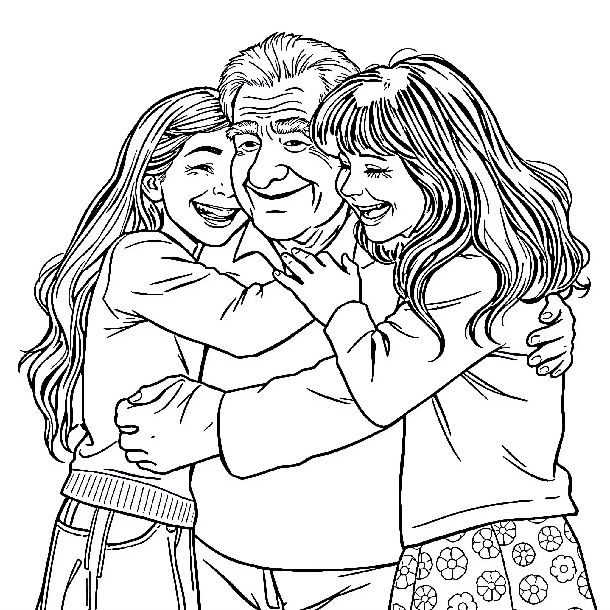 Child friends happily embracing in warm embrace Coloring Page (free black-and-white line drawing printable PDF for all, from beginners to advanced learners, including children, teens, adults, and seniors)