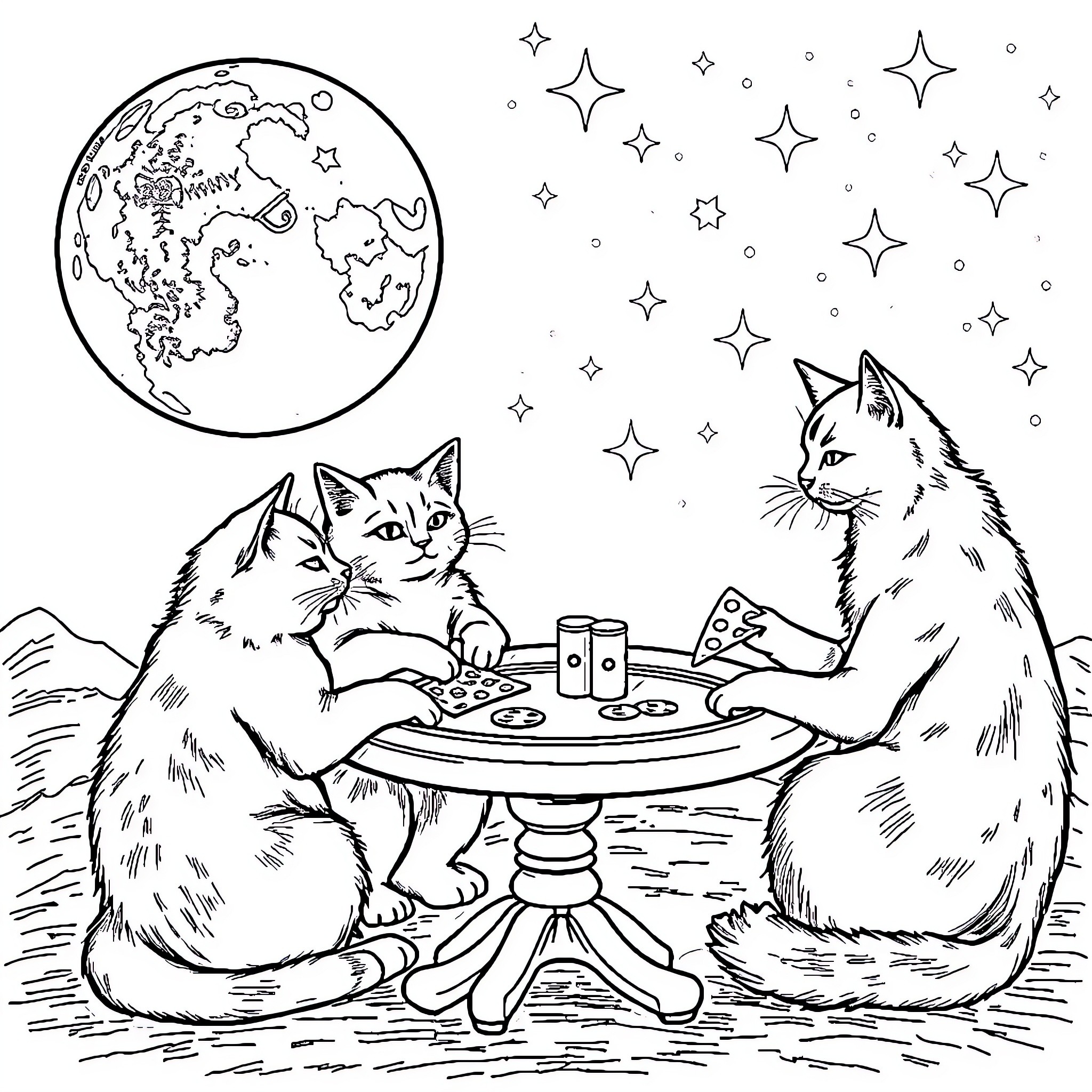 Cats Playing Board Games Under the Stars Coloring Page (free black-and-white line drawing printable PDF for all, from beginners to advanced learners, including children, teens, adults, and seniors)