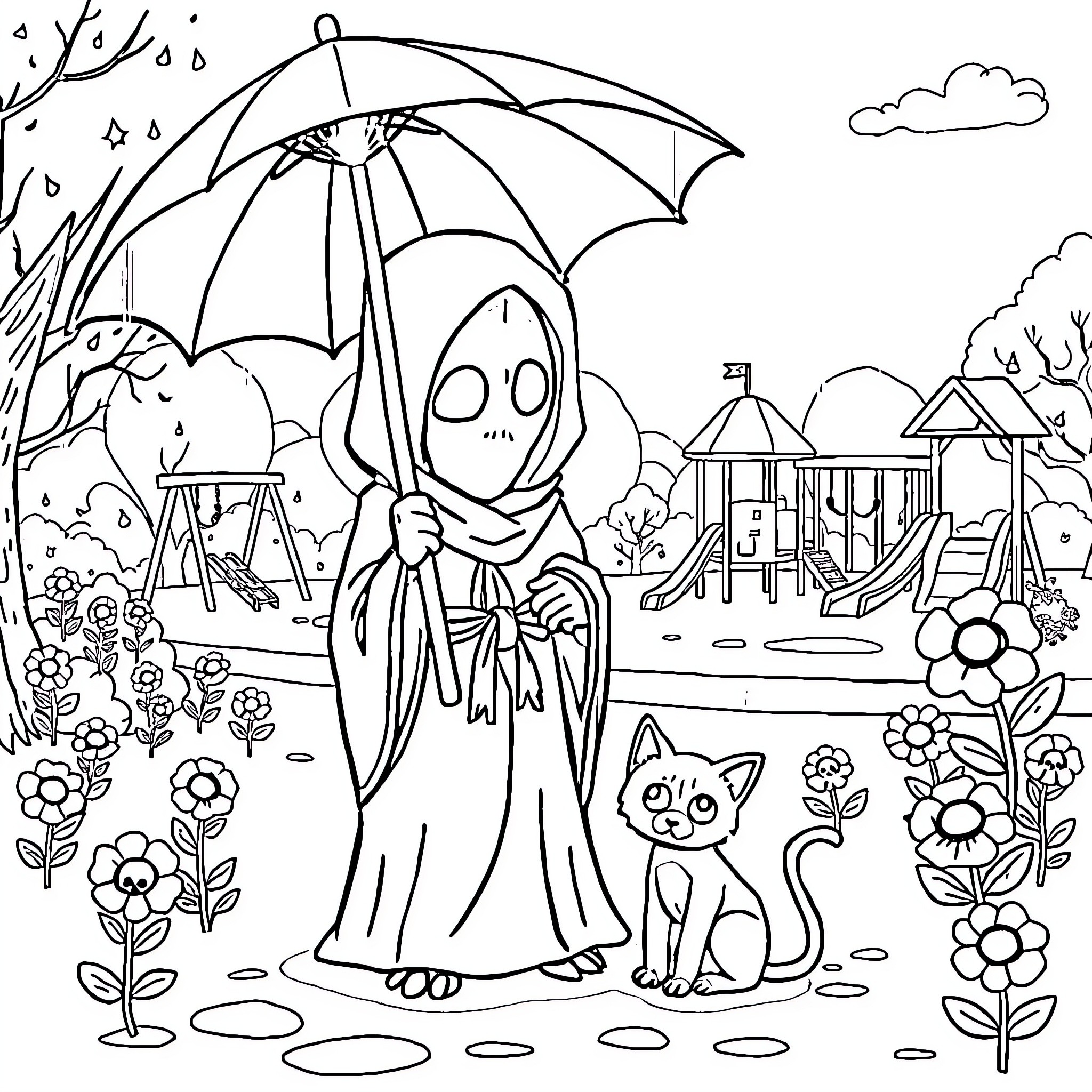 Grim Reaper walking with cat in a floral landscape Coloring Page (free black-and-white line drawing printable PDF for all, from beginners to advanced learners, including children, teens, adults, and seniors)