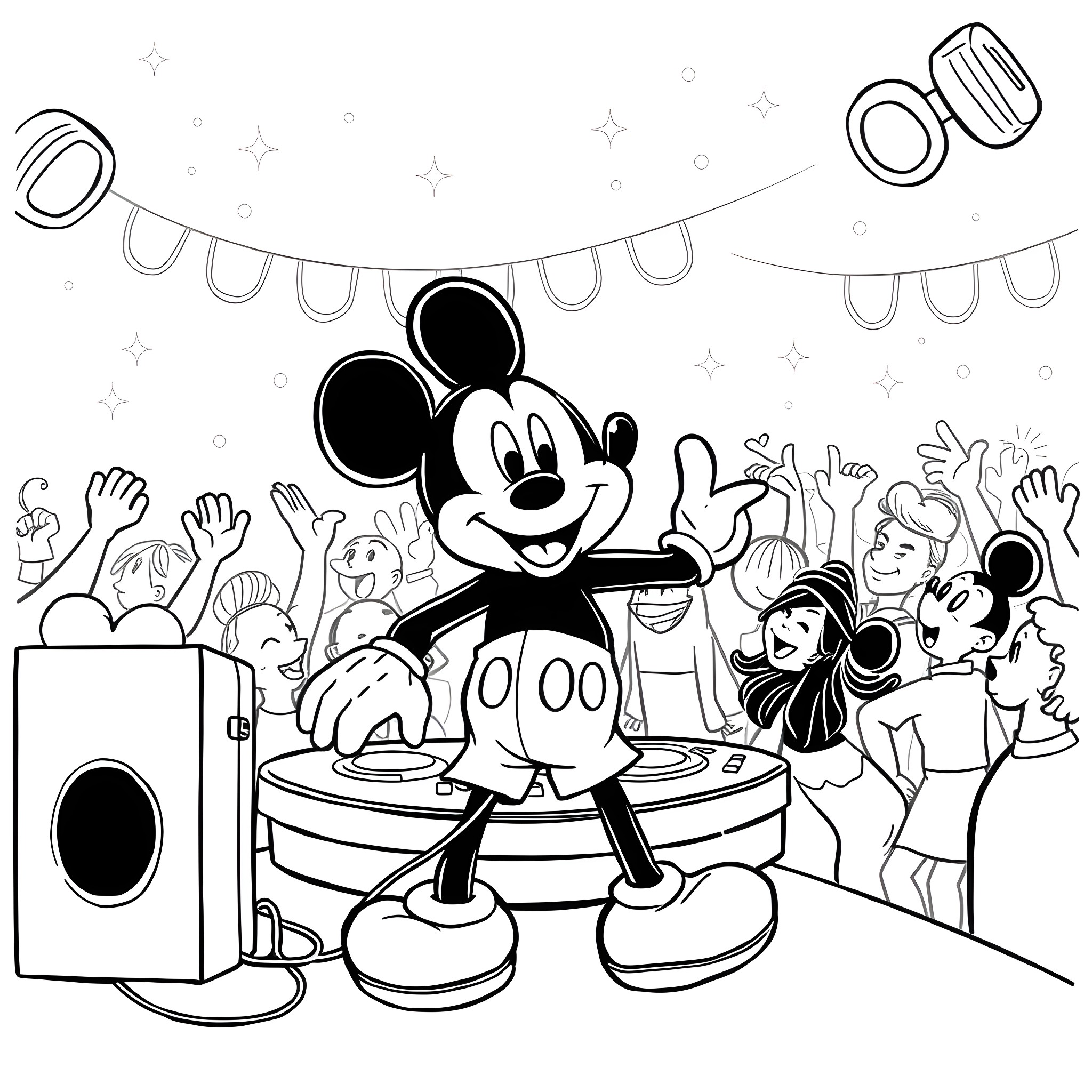 Mickey Mouse performing on stage with a lively crowd Coloring Page (free black-and-white line drawing printable PDF for all, from beginners to advanced learners, including children, teens, adults, and seniors)