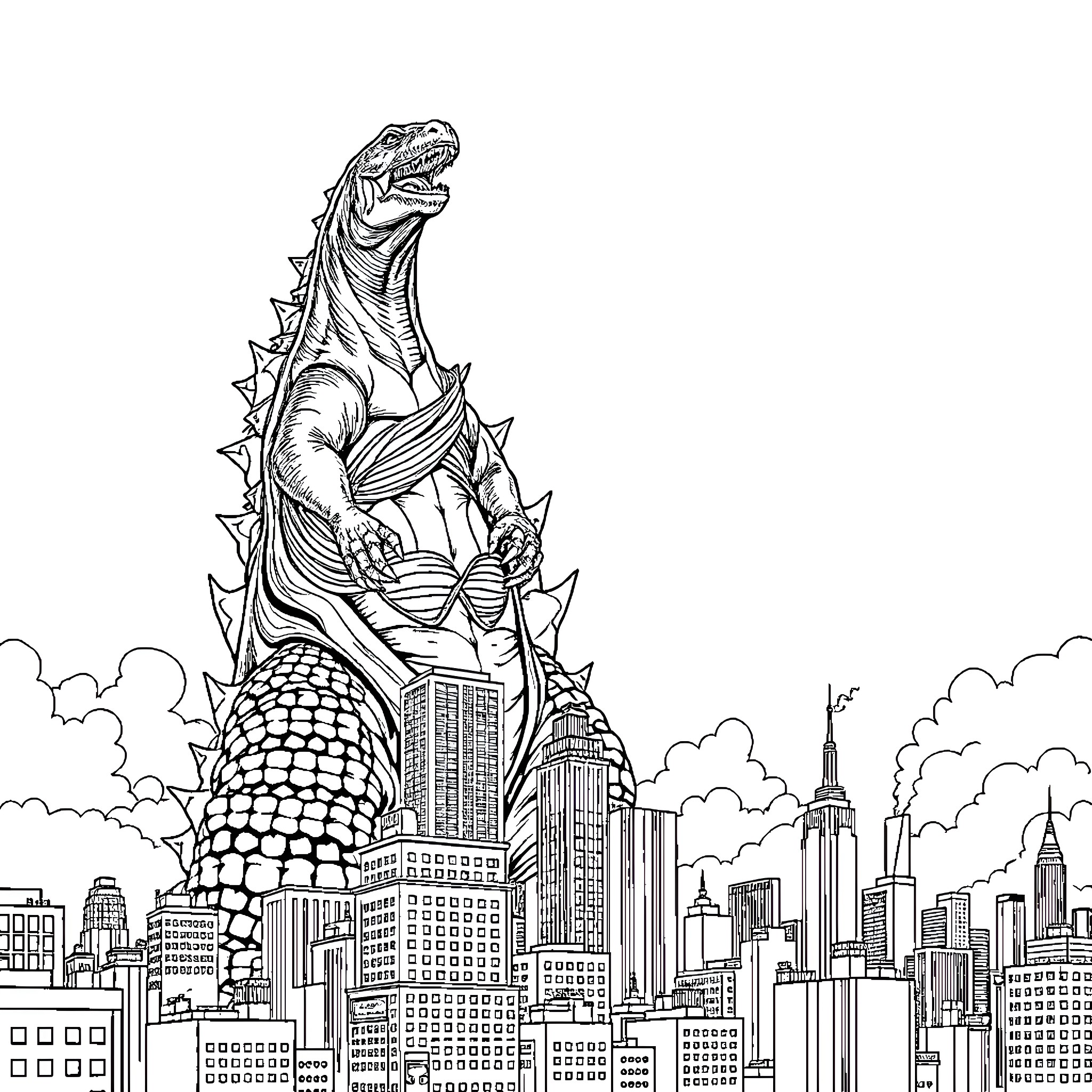 Godzilla unleashes destruction over the city skyline Coloring Page (free black-and-white line drawing printable PDF for all, from beginners to advanced learners, including children, teens, adults, and seniors)