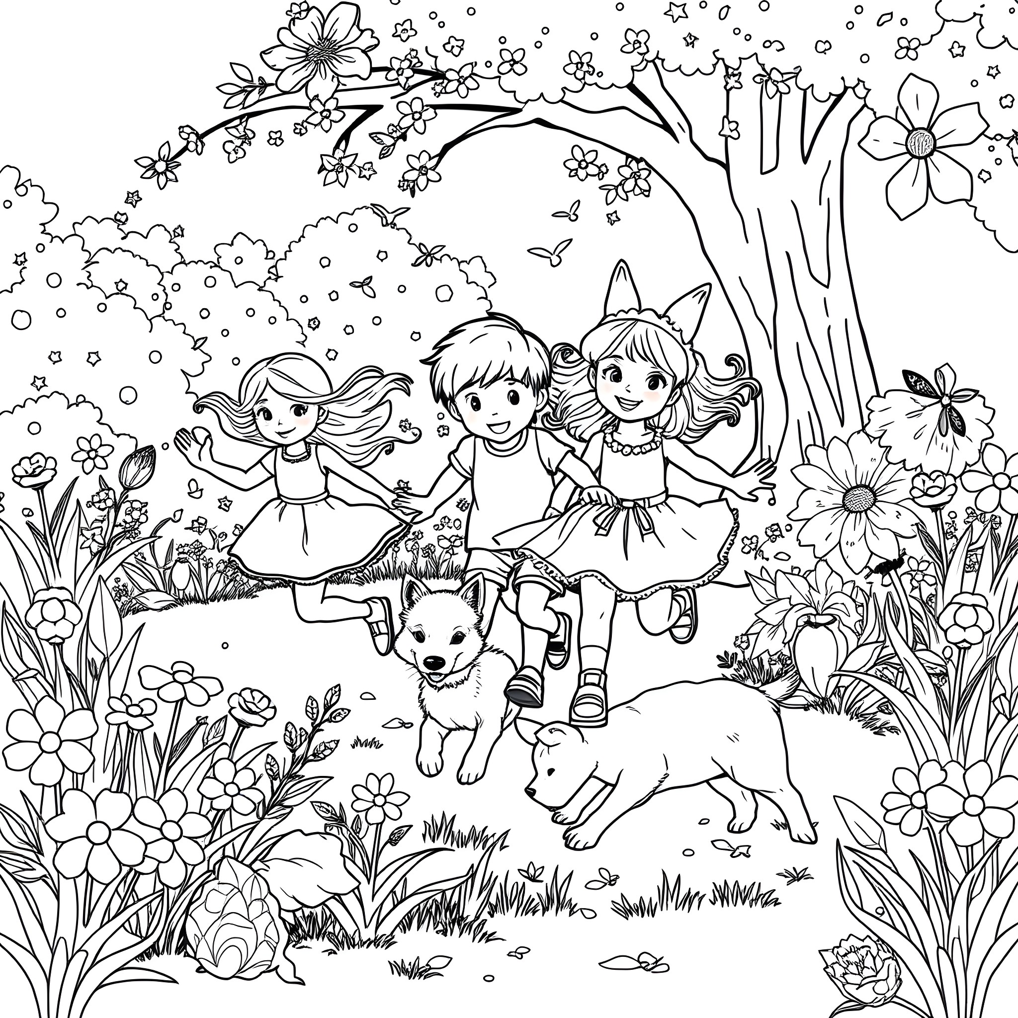 Children playing happily in a floral garden Coloring Page (free black-and-white line drawing printable PDF for all, from beginners to advanced learners, including children, teens, adults, and seniors)