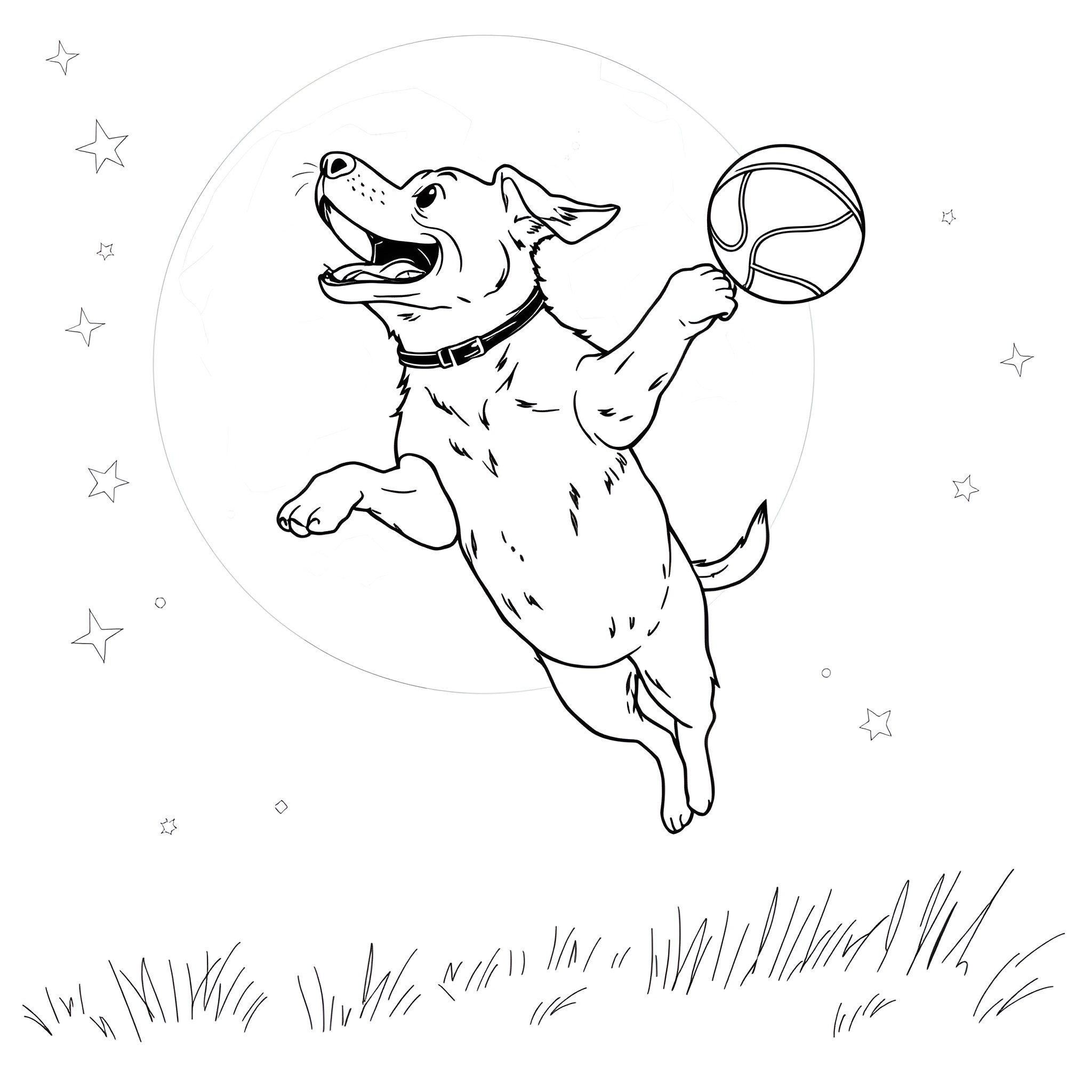Dog jumping happily with a ball Coloring Page (free black-and-white line drawing printable PDF for all, from beginners to advanced learners, including children, teens, adults, and seniors)