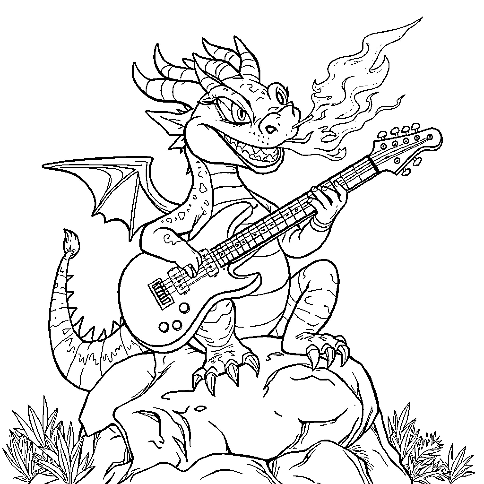 Dragon Musician Performing on Electric Guitar in Nature Coloring Page (free black-and-white line drawing printable PDF for all, from beginners to advanced learners, including children, teens, adults, and seniors)