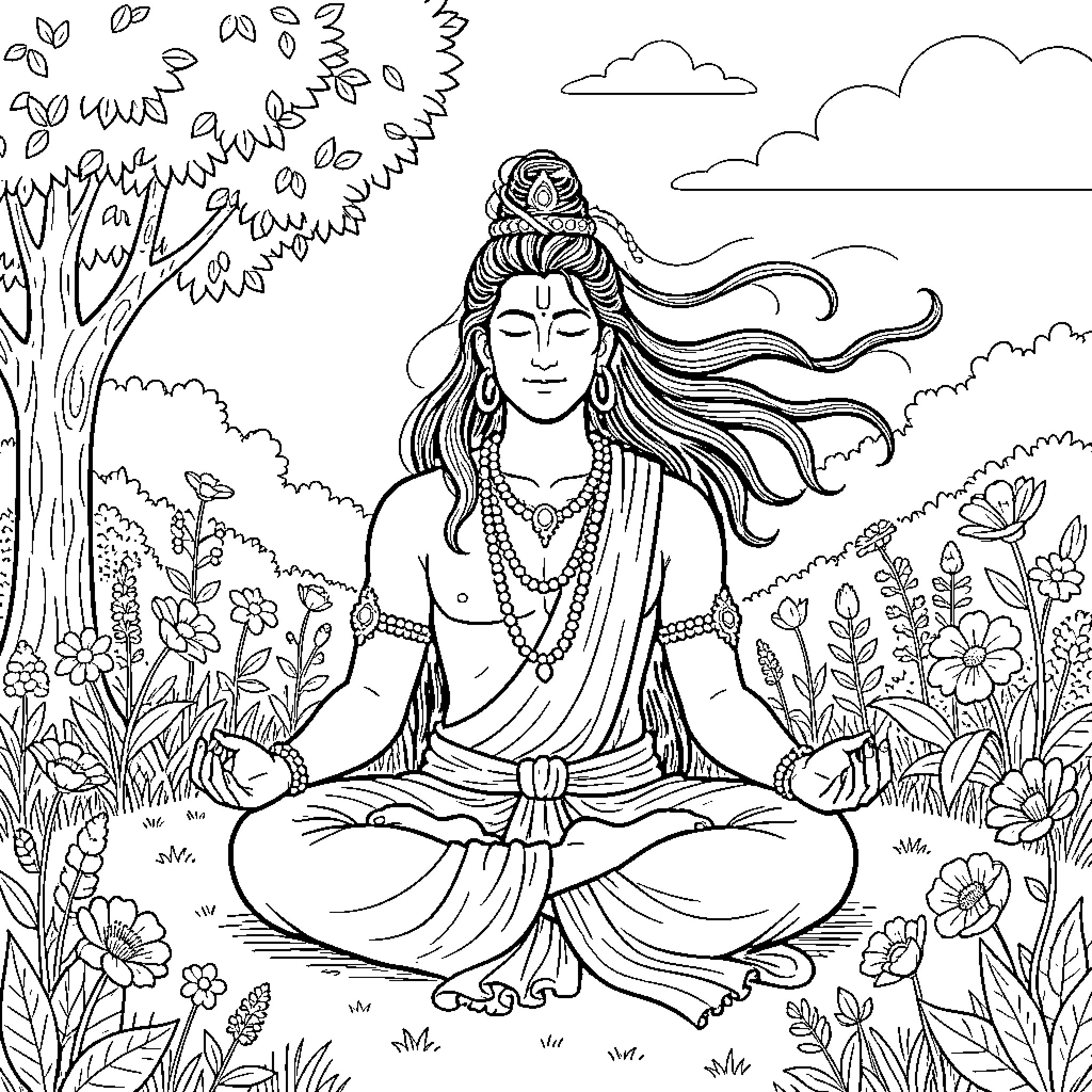 Shiva in serene meditation amidst nature's beauty Coloring Page (free black-and-white line drawing printable PDF for all, from beginners to advanced learners, including children, teens, adults, and seniors)
